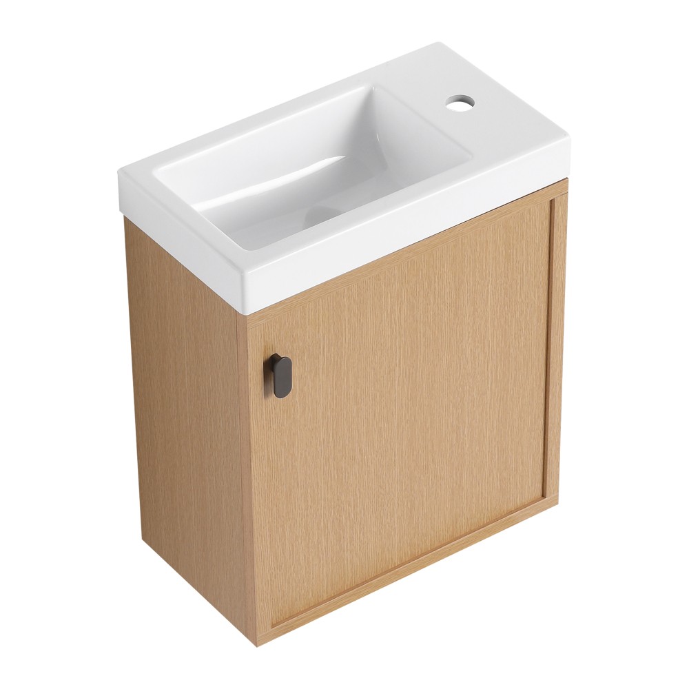 18.5-inch wall-mounted bathroom vanity overhangs to save space