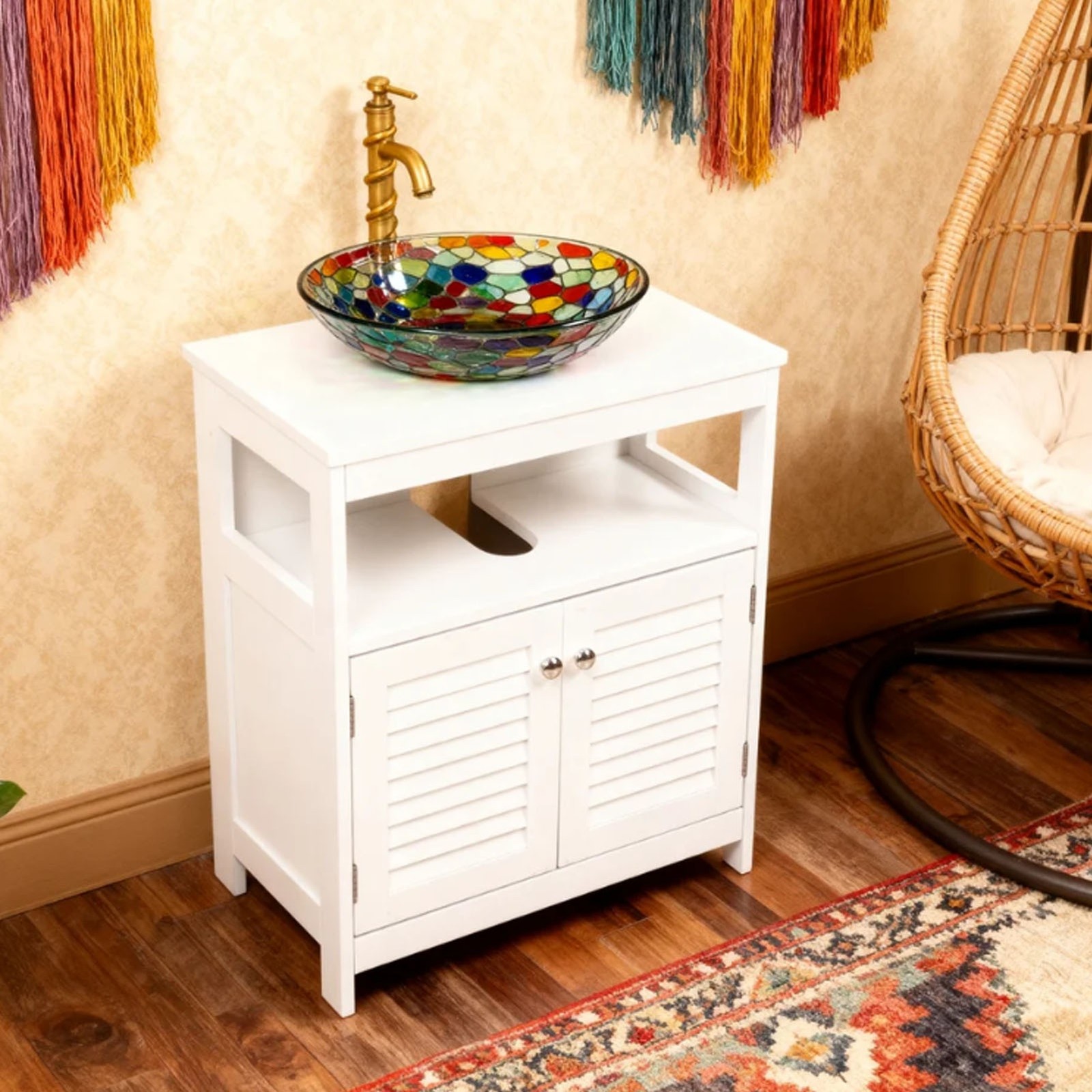 Bathroom Under Sink Storage Cabinet With 2 Doors Open Shelf White Furniture