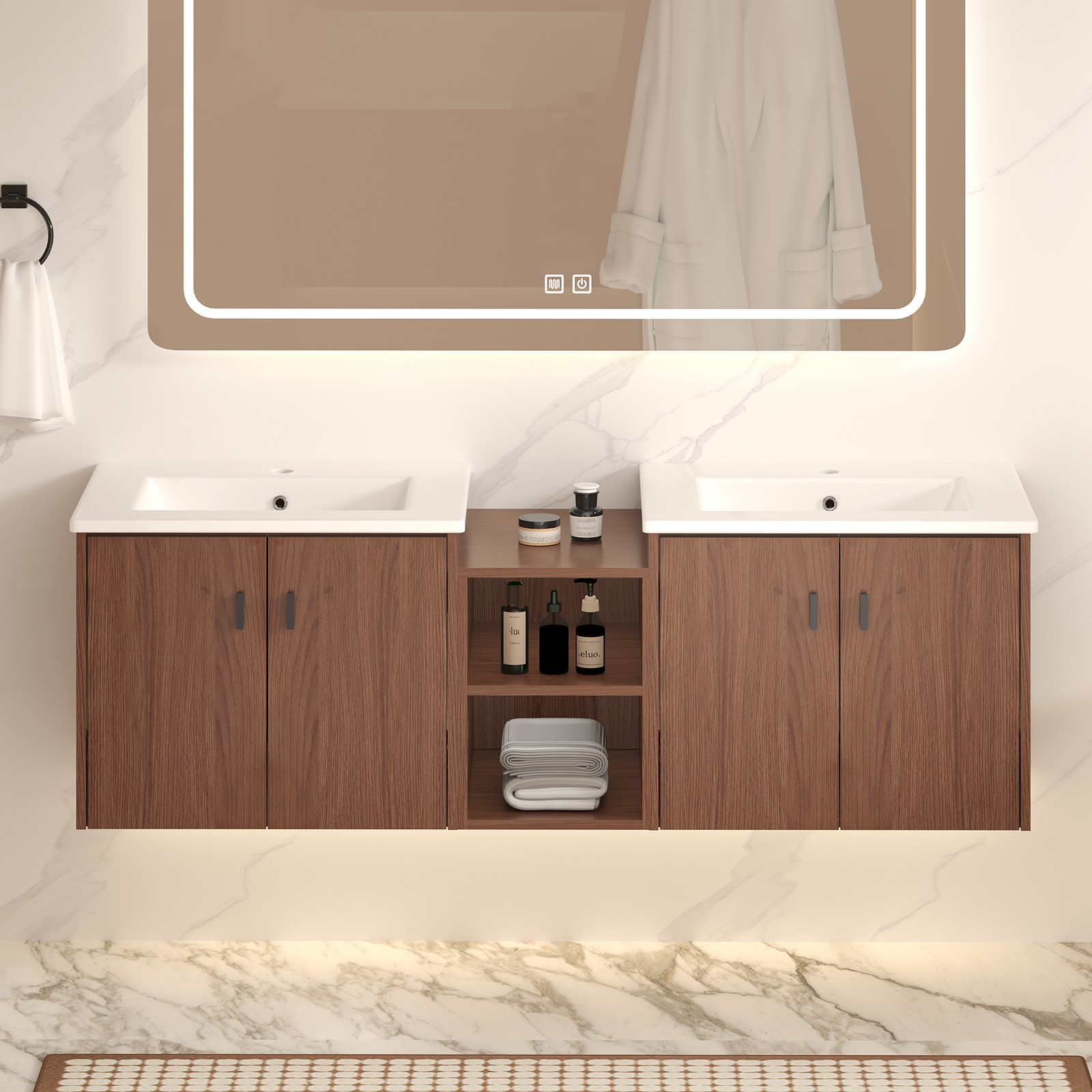 60in reddish brown Bathroom Vanity w/Storage Shelves & Soft Close Doors