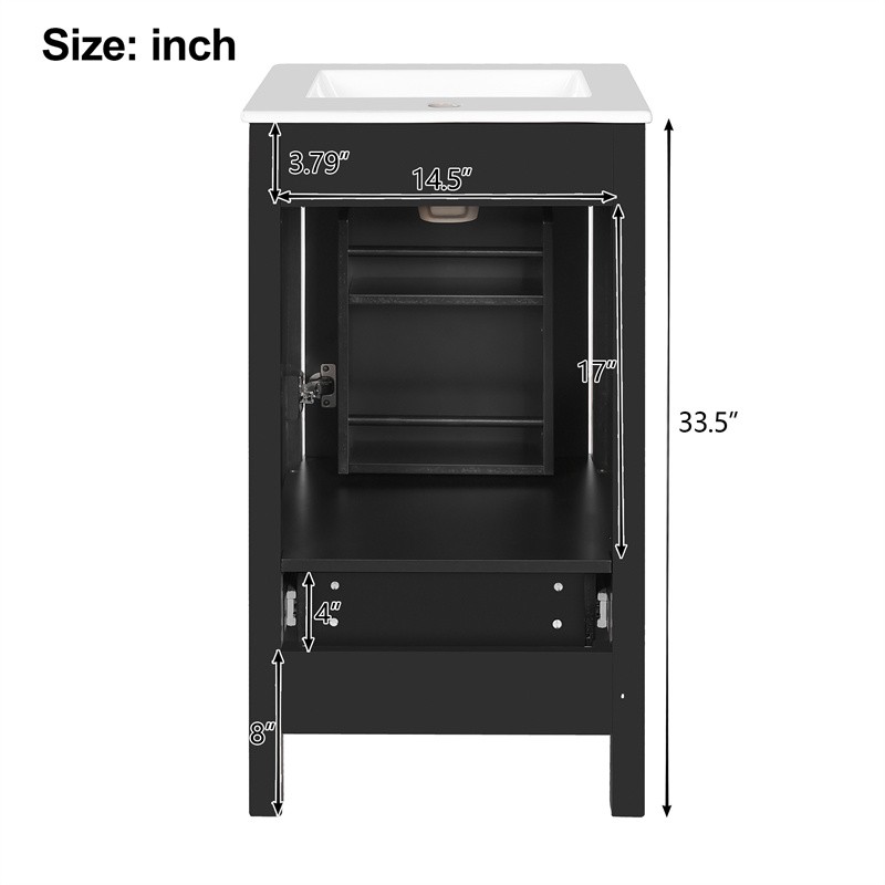 18″ Modern Bathroom Vanity with Ceramic Sink,Soft-Close Drawers & Door Organizer