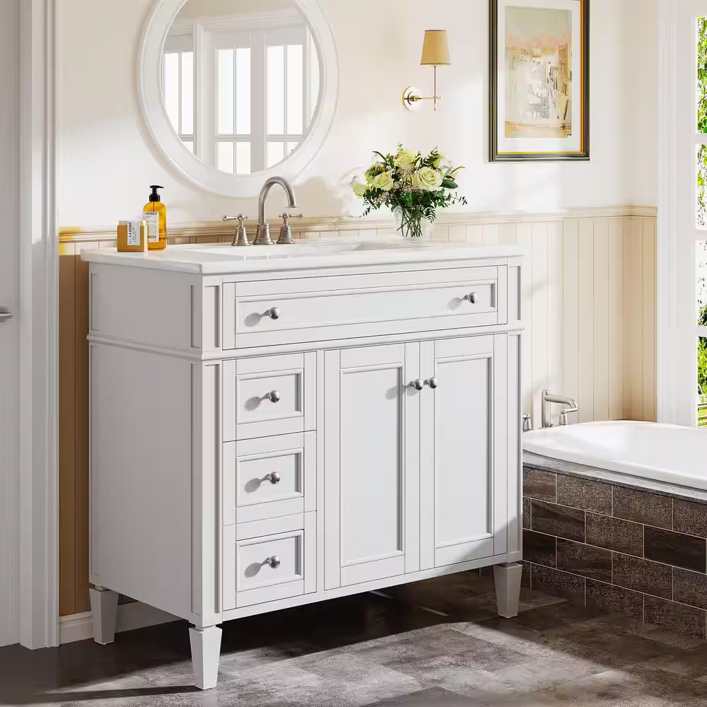 36 In. Single Sink Freestanding White Bath Vanity with White Ceramic Top Unassem