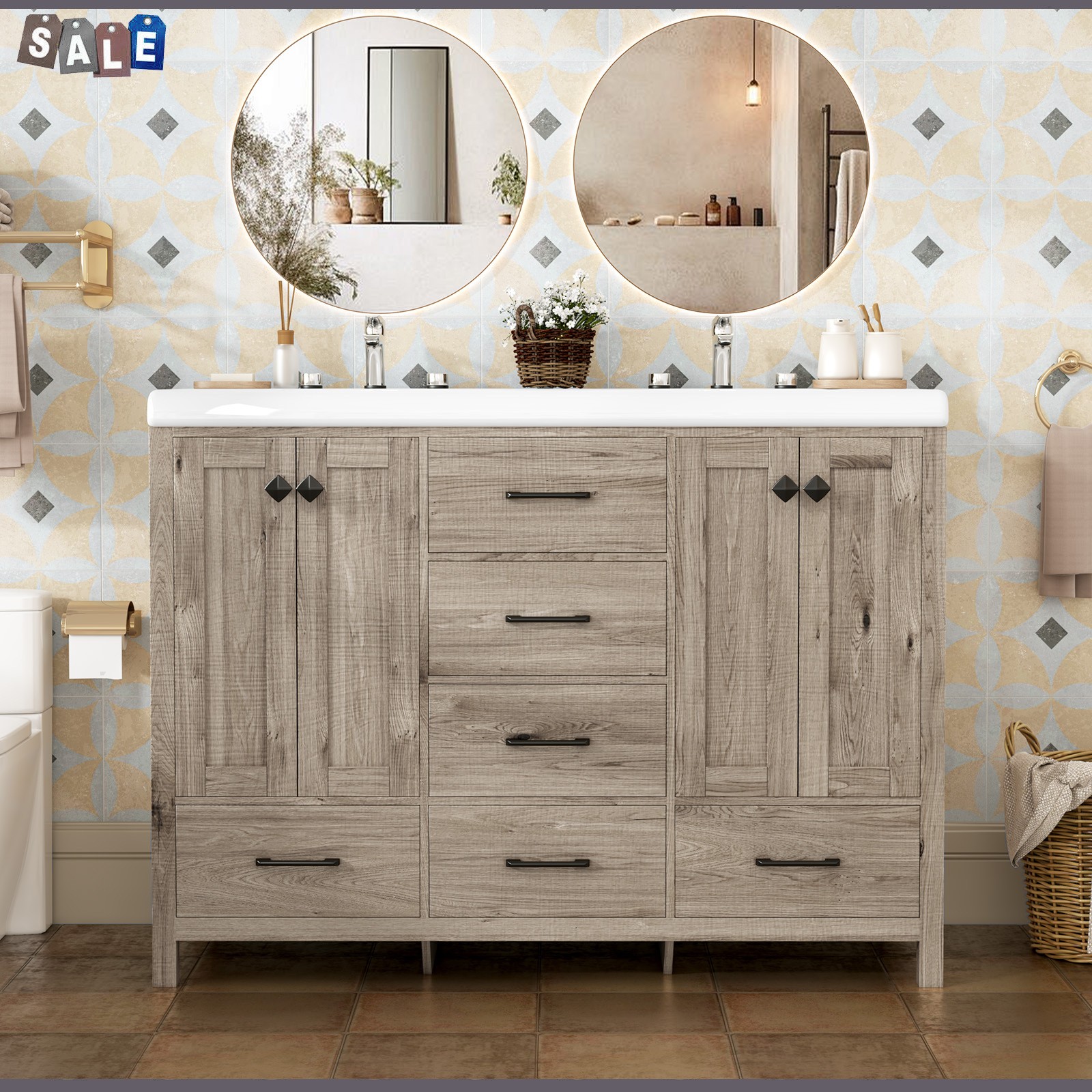 47 Inch Bathroom Vanity Double Ceramic Sinks Combo Storage Doors With Drawers