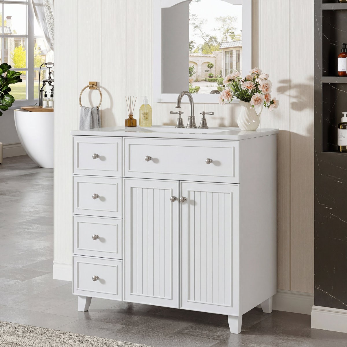 36″ Bathroom Vanity with Sink, Bathroom Sink Cabinet with 5 Drawers & 2 Doors
