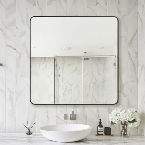 Bathroom Vanity Mirror, Black Framed Bathroom Mirror 30″L x 30″W Rect Black
