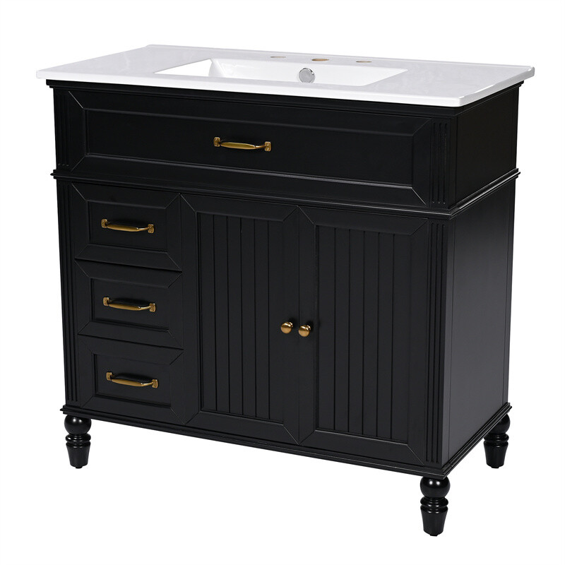36″ Bathroom Vanity Set with Sink, Black Bathroom Cabinet w/3 Drawers & 2 Doors