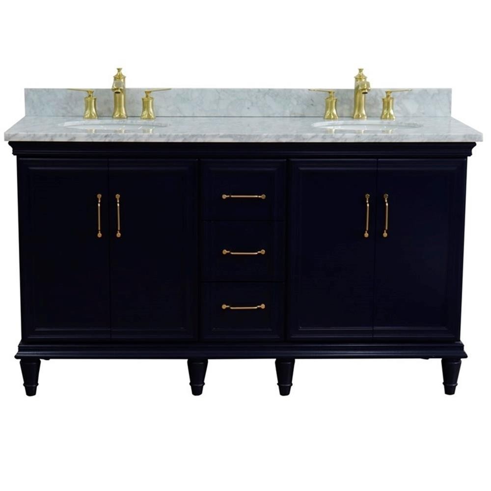 61 in. Double Wooden Vanity Blue White Carrara Marble Oval Sink