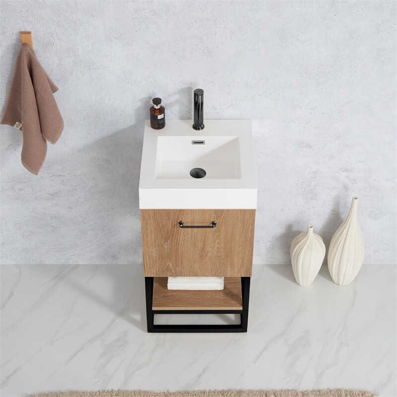 Vinnova Alistair 18″ White Stone Top Oak Single Vanity Black Frame w/o Mirror