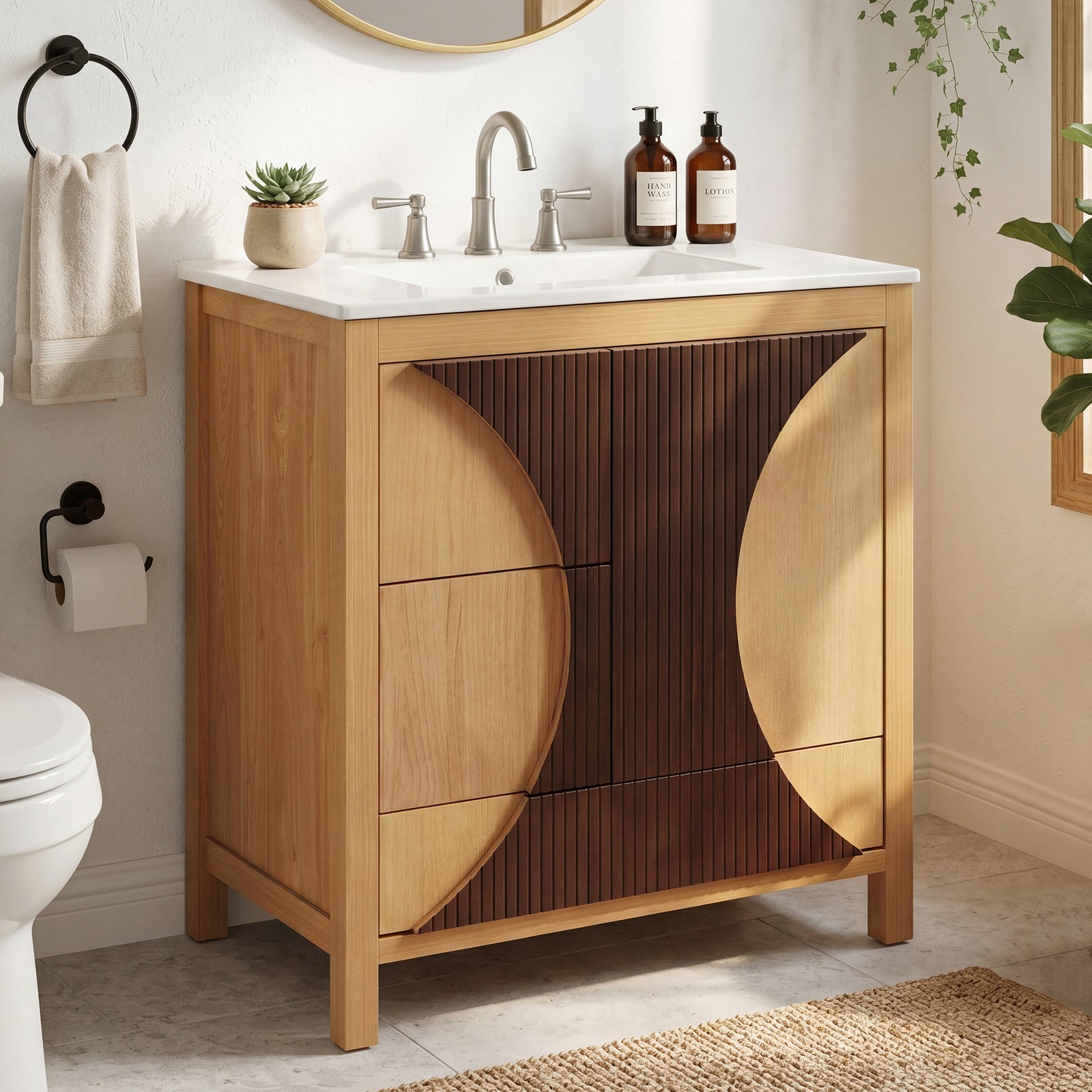 30″ Bathroom Vanity with Sink, Solid Wood & MDF, 3 Drawers, Soft-Close