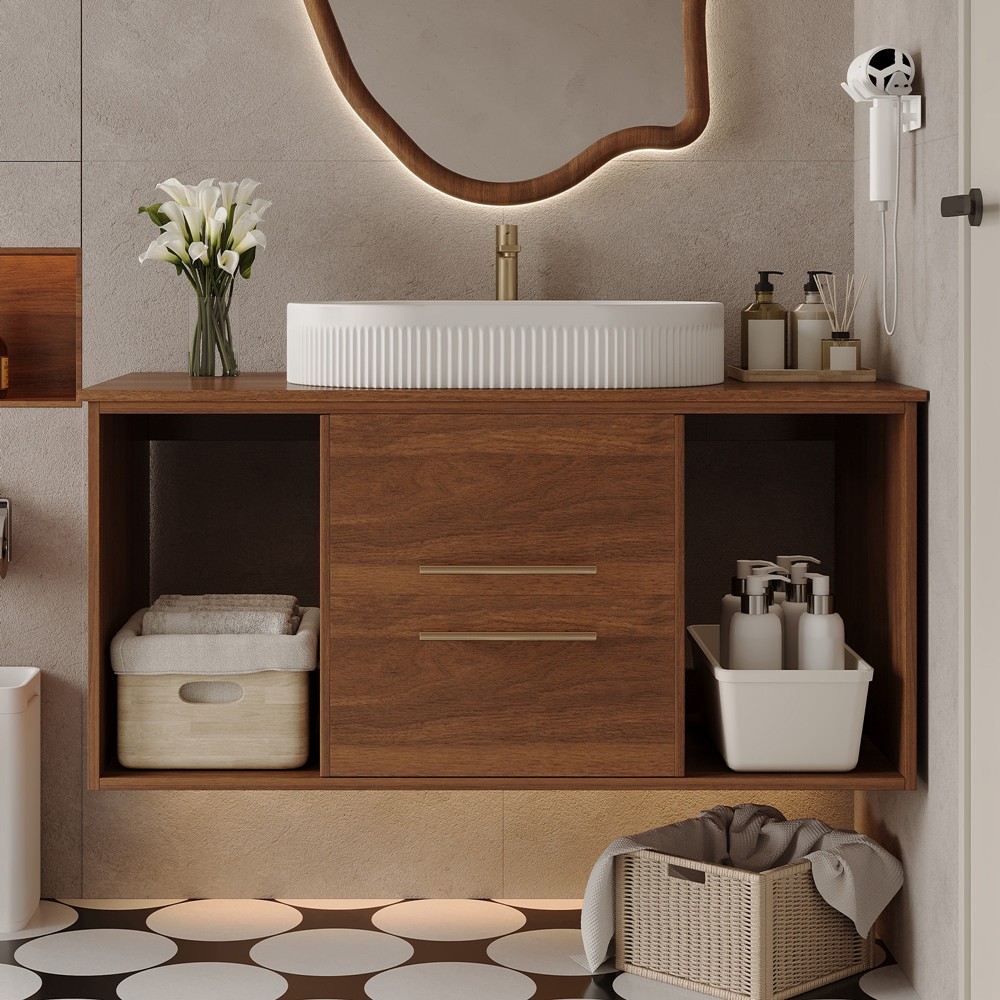 39″ Wall Mounted Bathroom Vanity w/Sink, 2 Drawers Floating Cabinet,Open Shelves