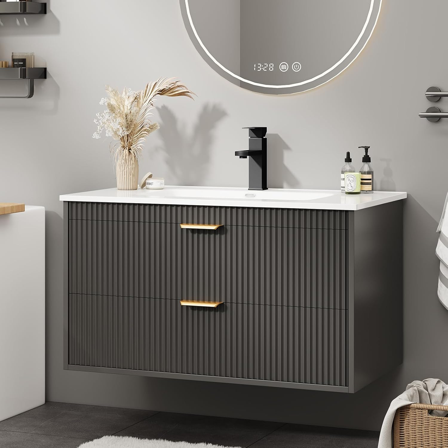 30 Inch Bathroom Vanity with Sink, Wood Grain Wall Mounted Vanity with 2 Storage