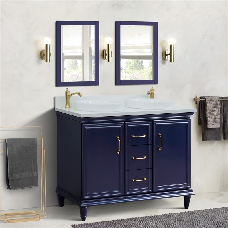 49 in. Double Wooden Vanity Blue with White Quartz Round Sink