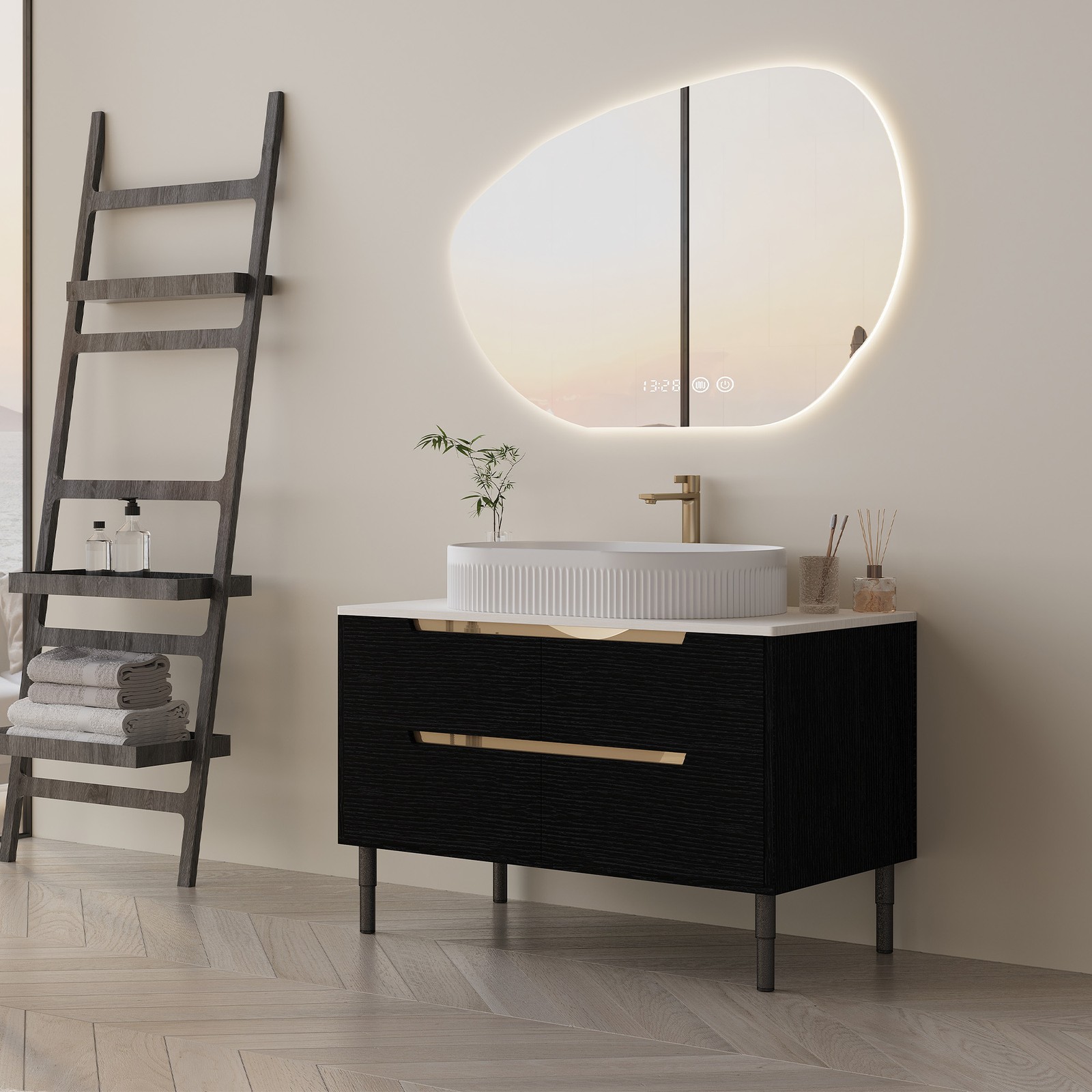 Bathroom Vanity w/Ceramic Integrated Sink, Storage Cabinet w/Soft-Close Drawers