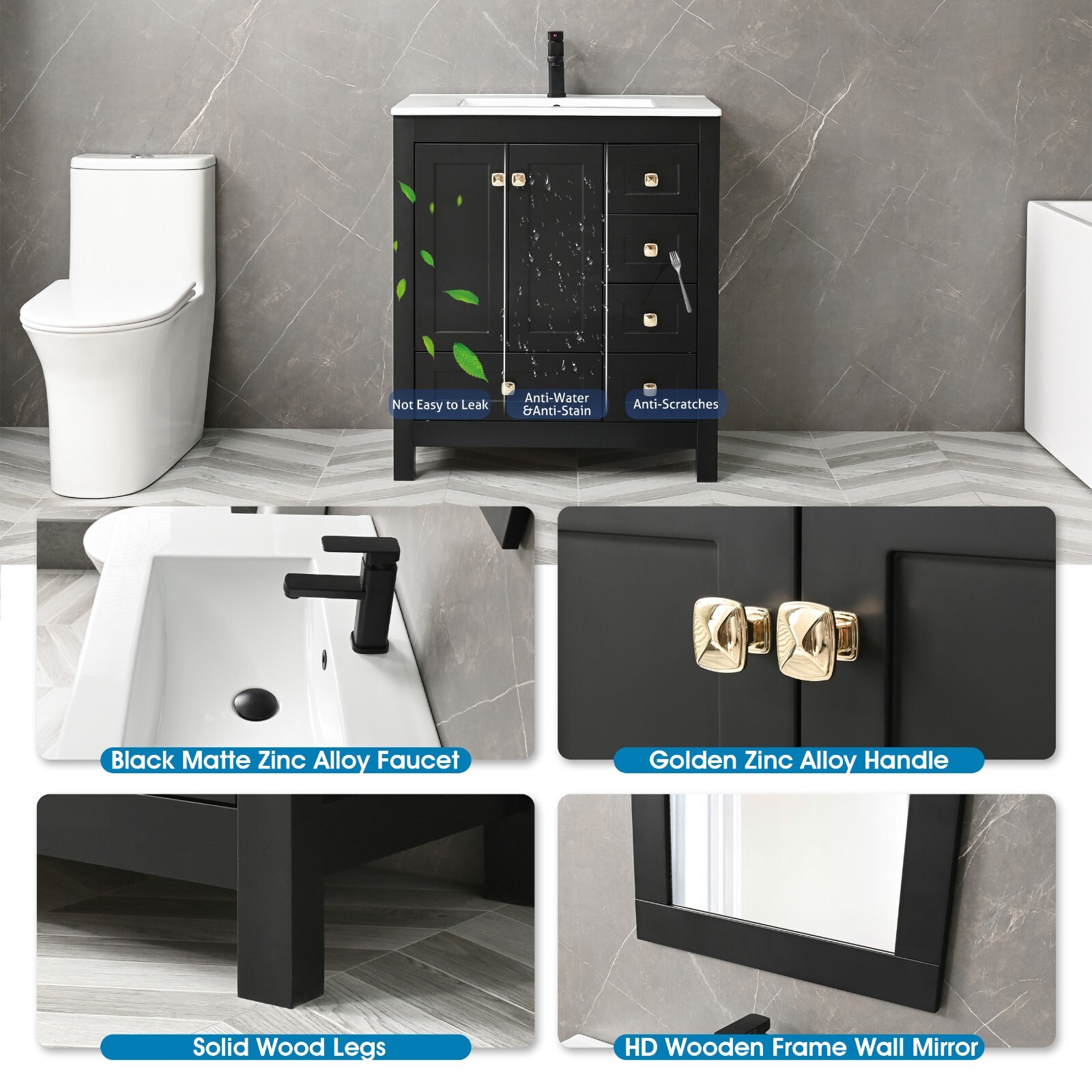 Eclife 30″ Bathroom Vanity Cabinet Set Drop in Ceramic Sink faucet drain mirror