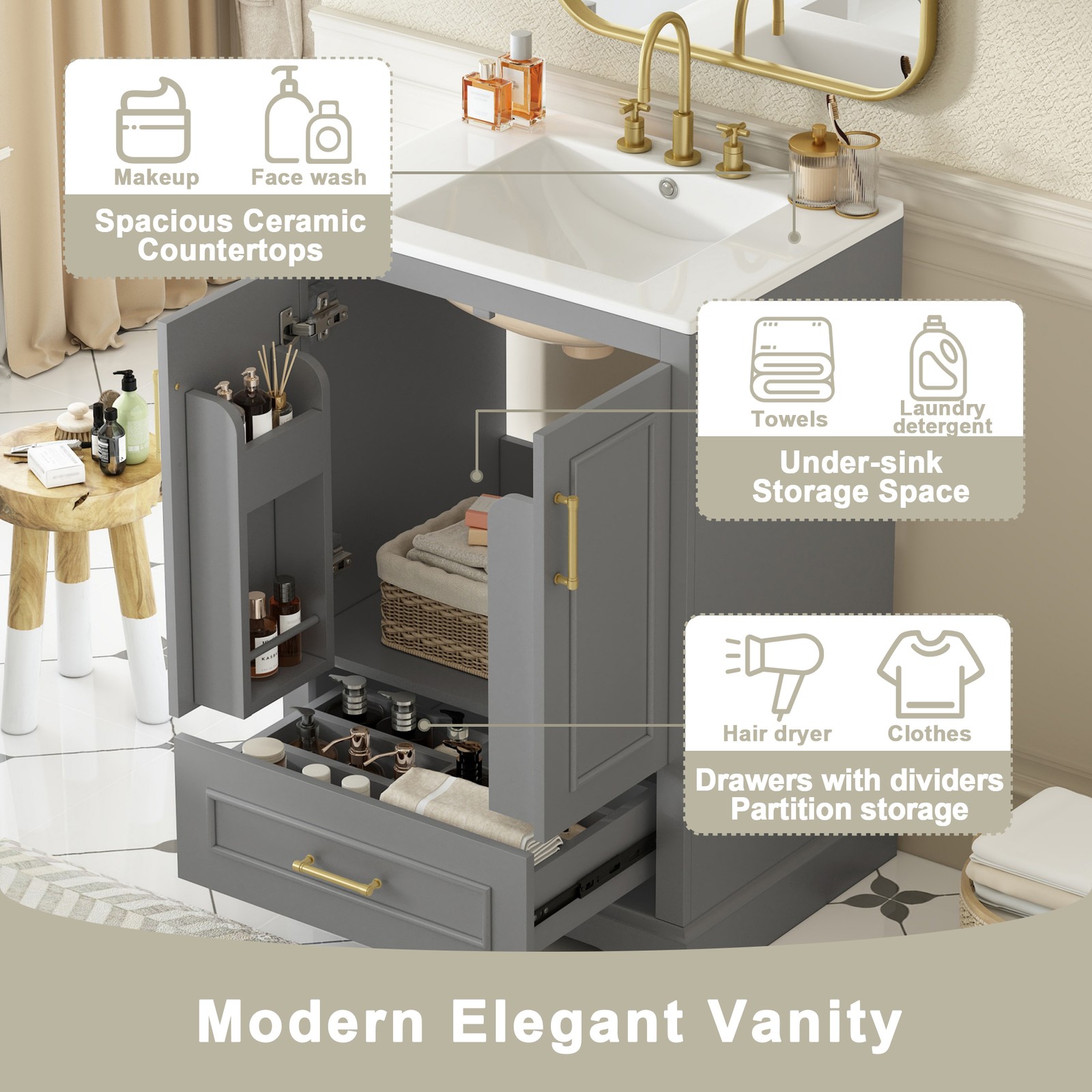 Modern 24″ Bathroom Vanity with Sink, MDF Cabinet & Solid Wood Frame Gray