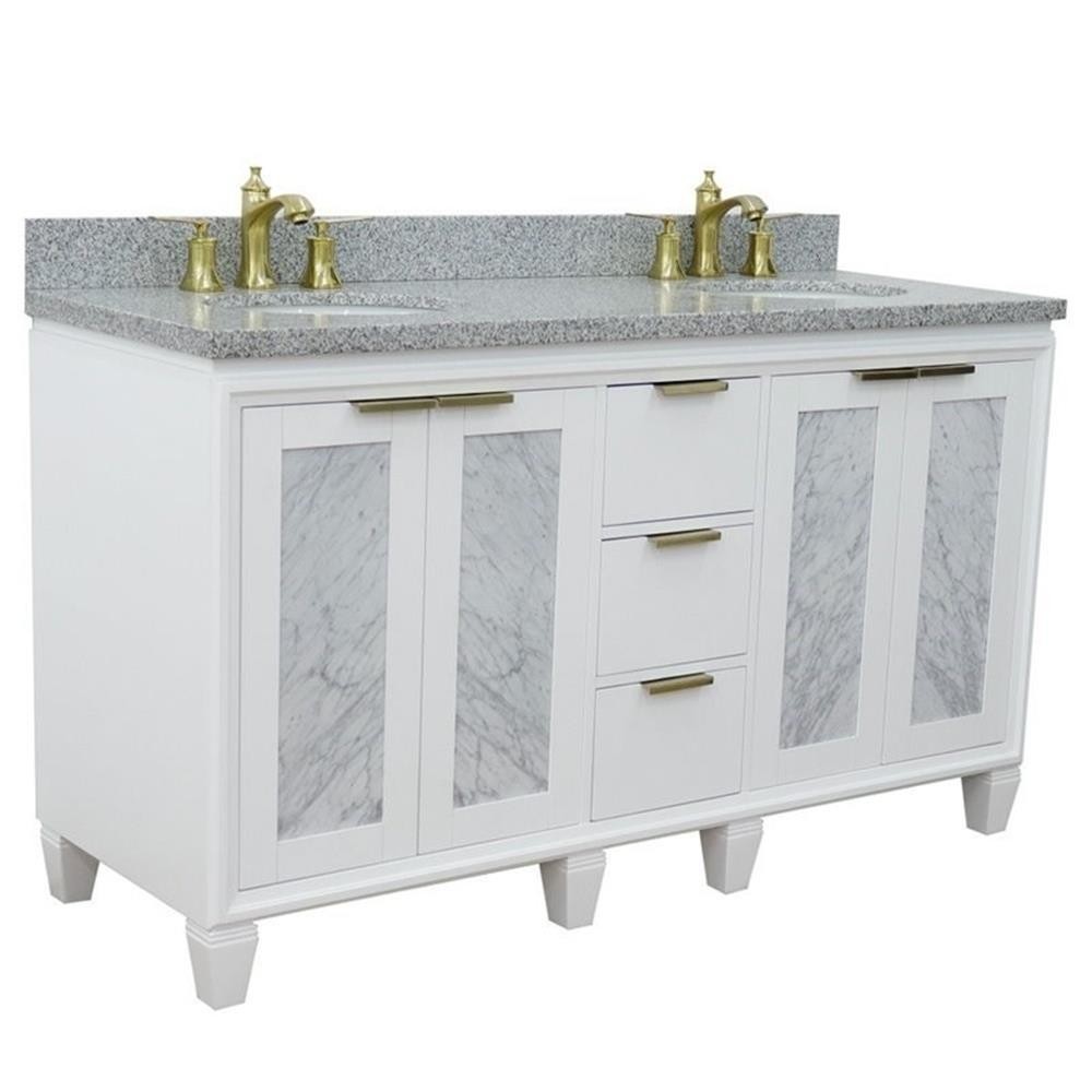 Pemberly Row 61″ Double Oval Sink Solid Wood Vanity in White/Gray Granite Stone