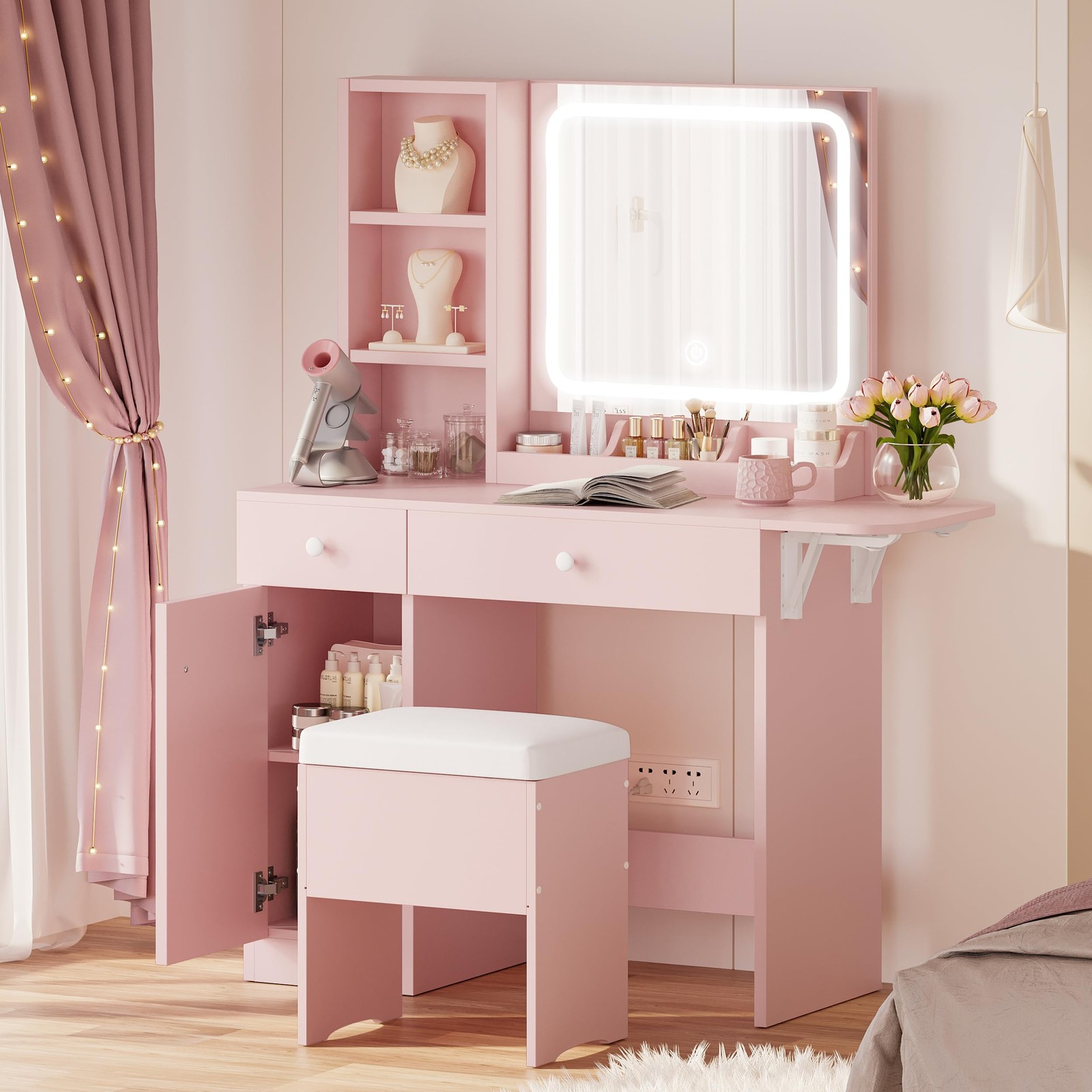 LED Lighted Vanity Desk Set with Mirror Power Outlet Drawers Cabinet Stool Pink