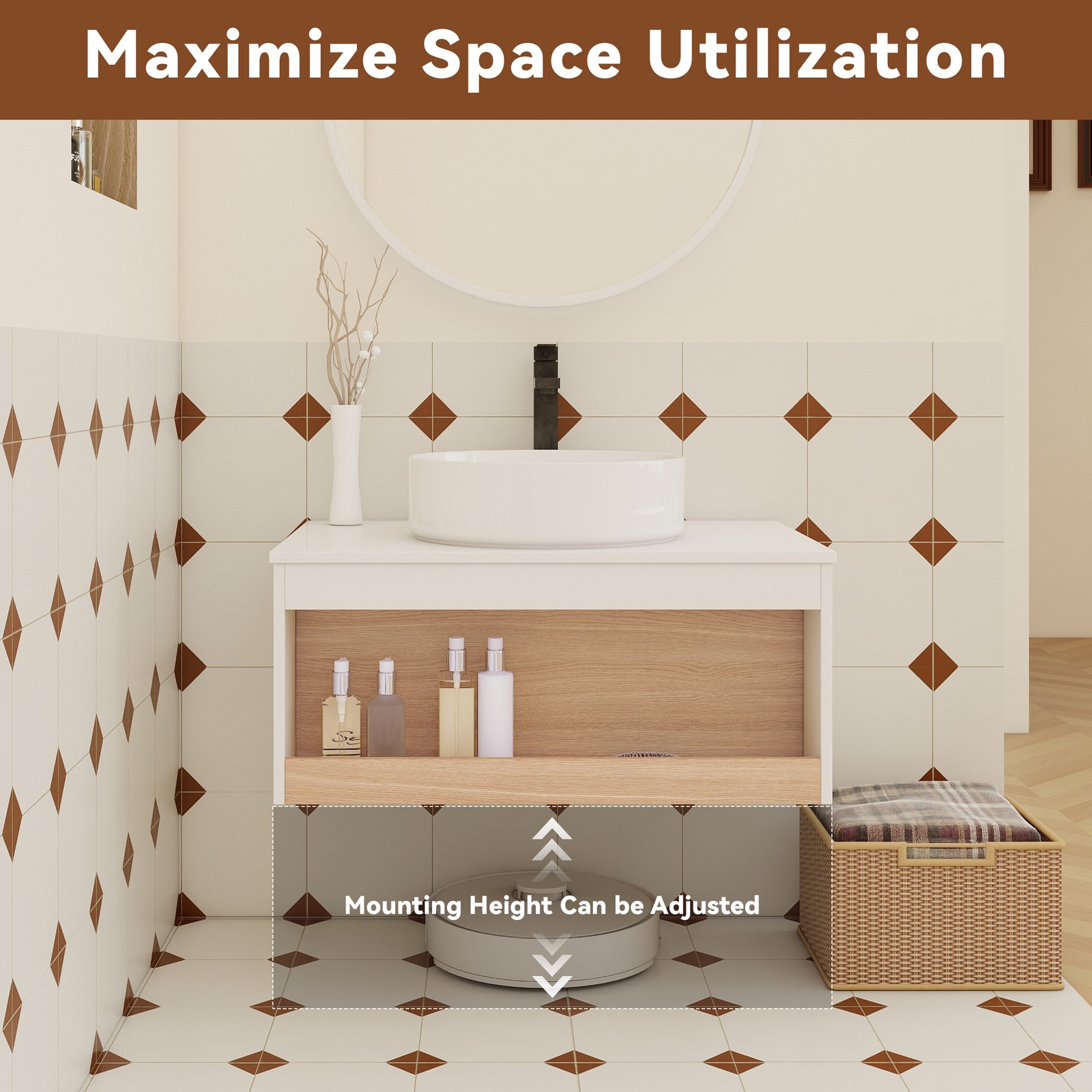 30″ Floating Bathroom Vanity with Glossy White Vessel Sink