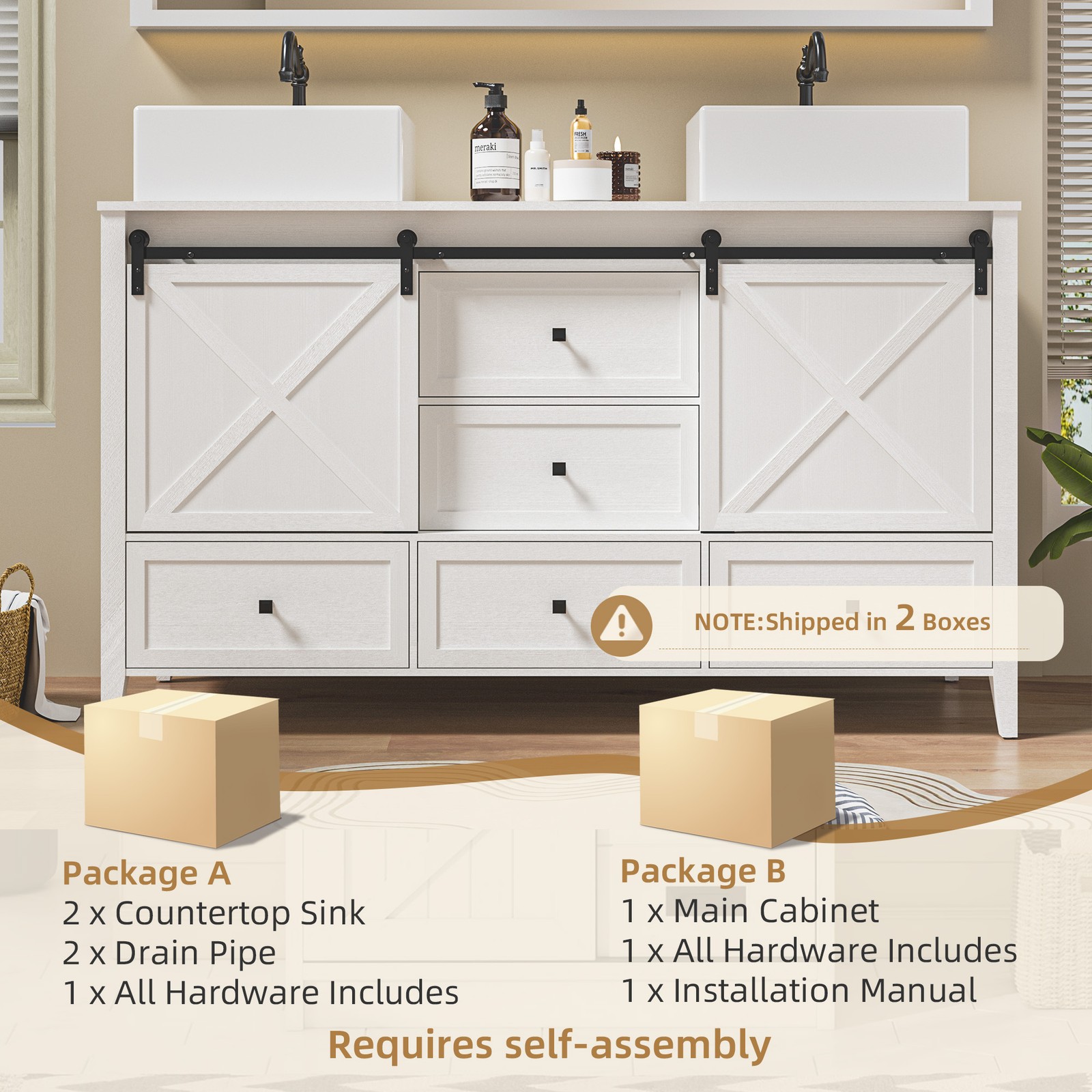 60″ Bathroom Vanity Combo Storage Cabinet FloorStanding w/Sink Set White Wood
