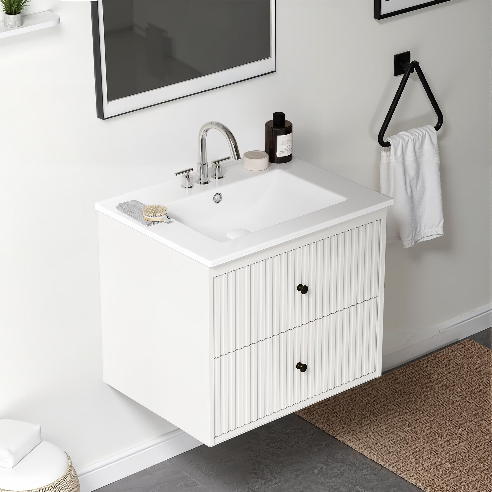 24″ Floating Bathroom Vanity with Sink, 2 Drawers, White