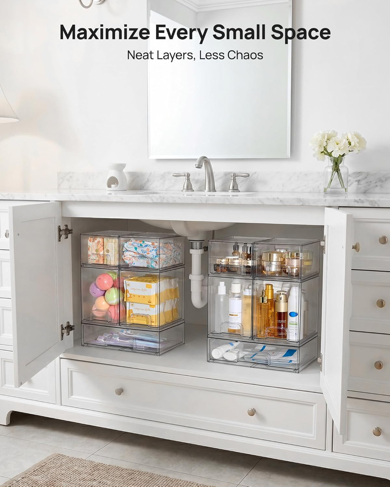 Stackable Storage Drawers Set of 5 Clear Plastic Organizer Bins for Bathroom