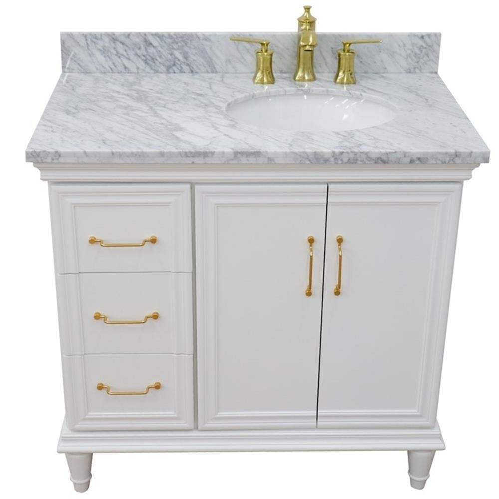 37 in. Single Wooden Vanity White White Carrara Oval Right Door.Right Sink