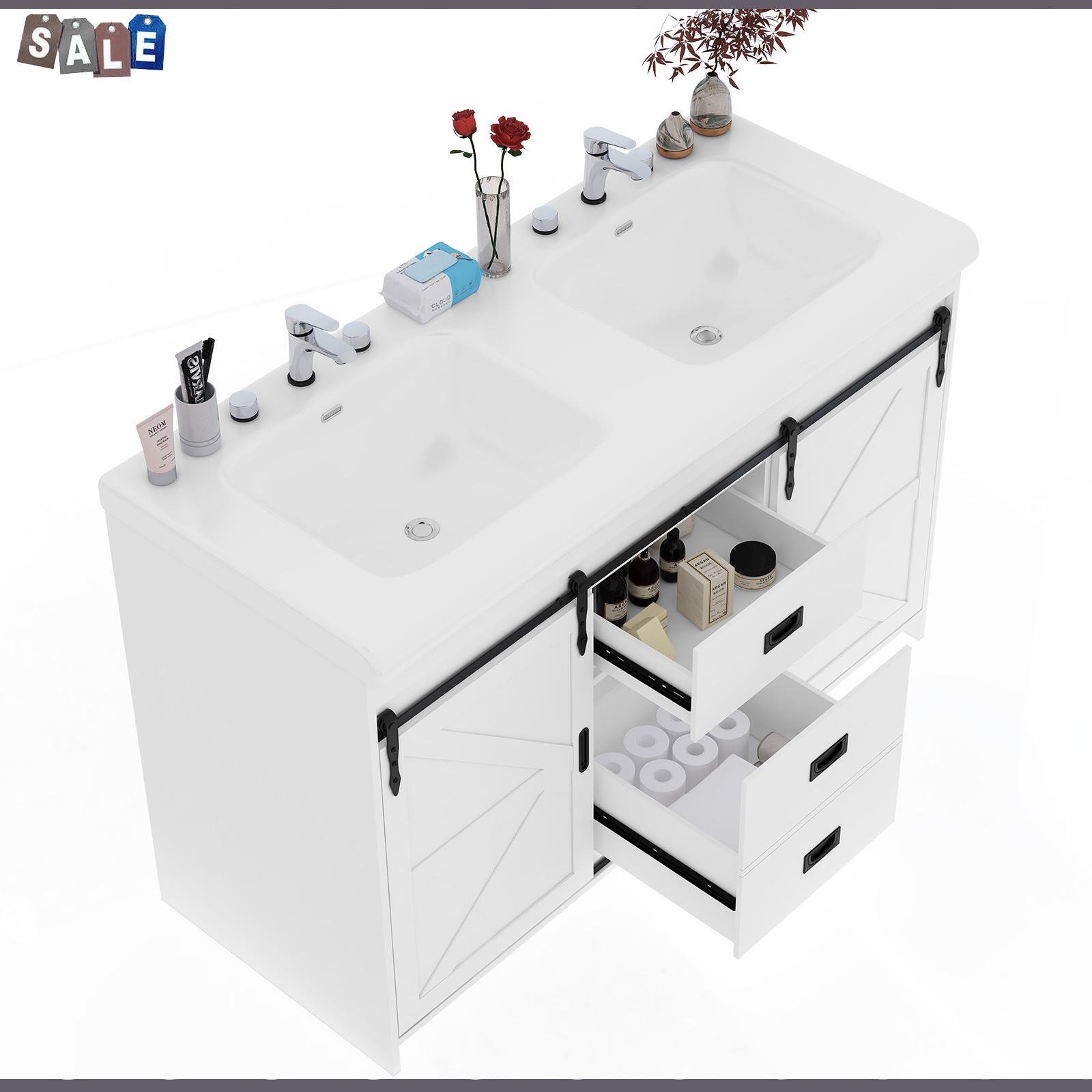 White Bathroom Vanity Double Sink Freestanding Cabinet with Storage Drawers