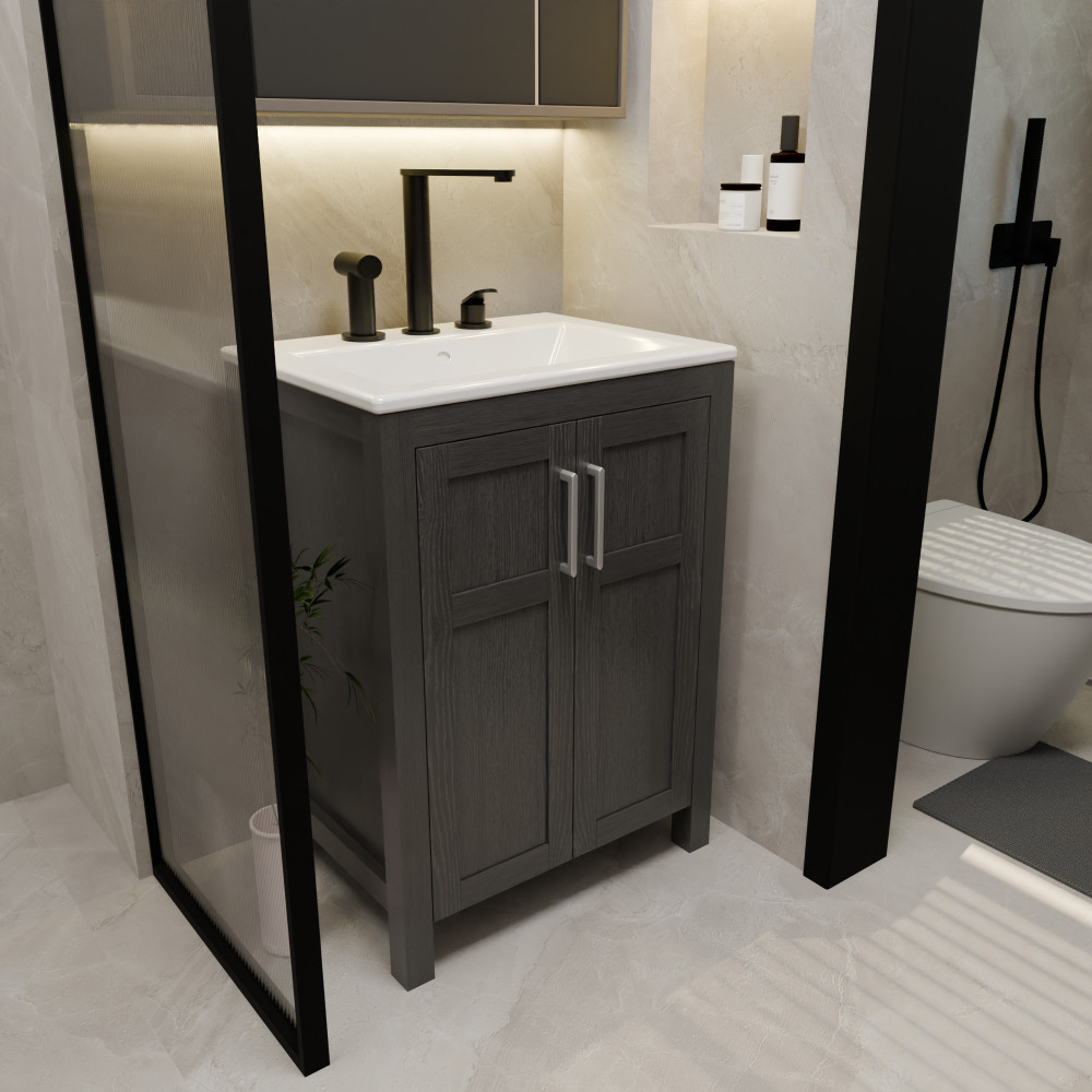 Bathroom Vanity with White Ceramic Sink Faucet Pop Up Drain Set Large Storage