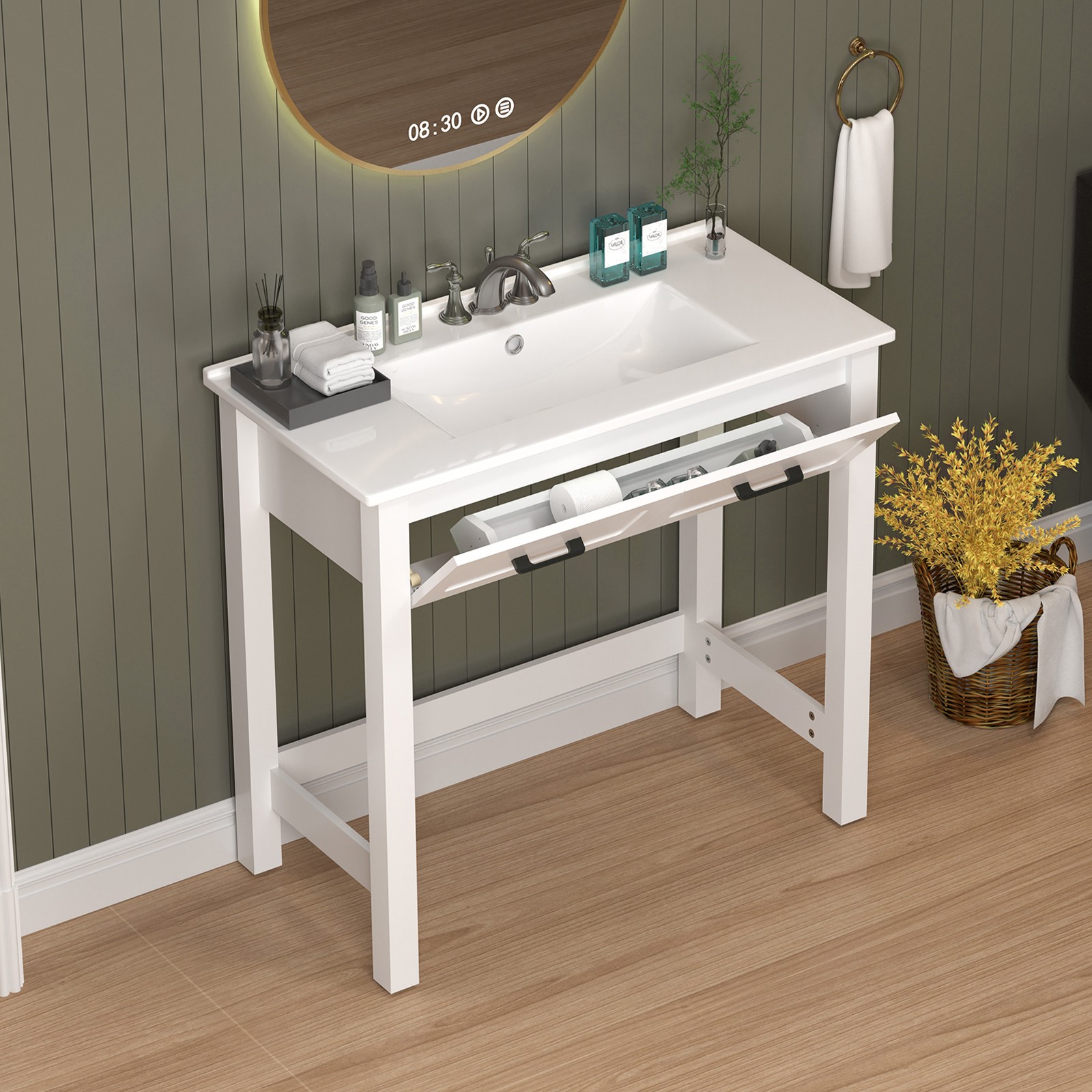 36″ Bathroom Vanity w/ a Tip-out Drawer & Ceramic Sink ADA Compliant for Elderly