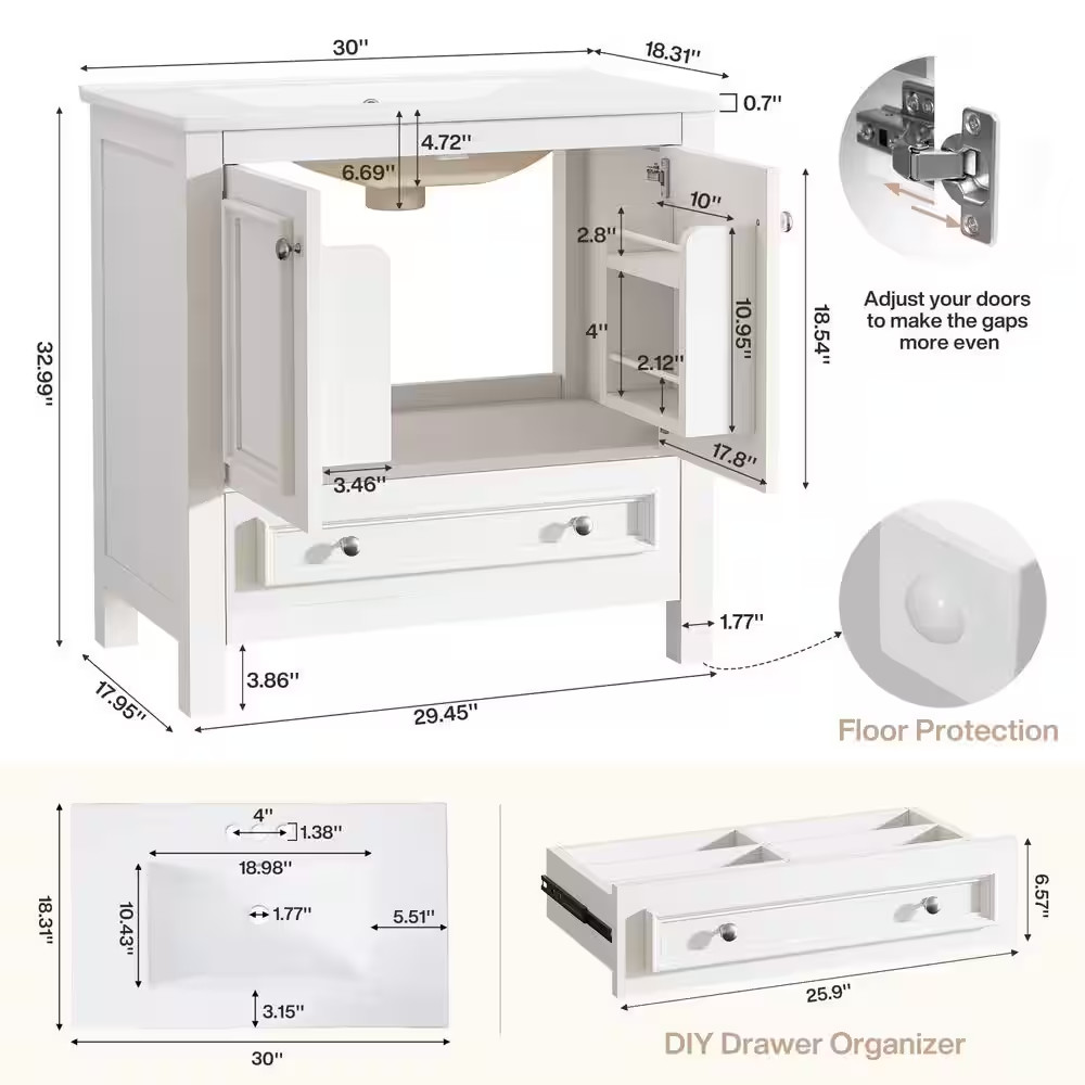30 In. Single Sink Freestanding White Bath Vanity with White Ceramic Top Unassem