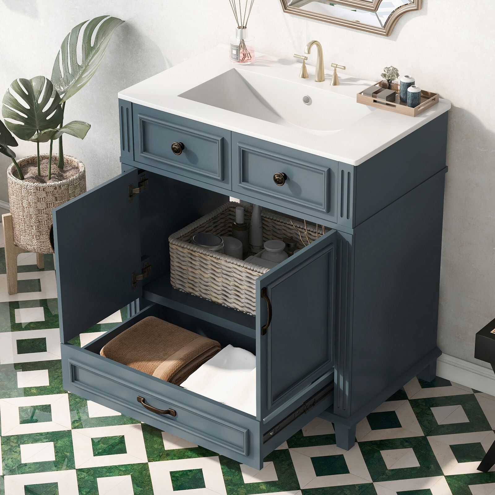 30” Bathroom Vanity with Ceramic Sink,Solid Wood Frame Bathroom Storage Cabinet