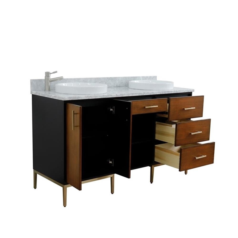 61 in. Double Wooden Vanity Walnut Black White Carrara Marble Round Sink