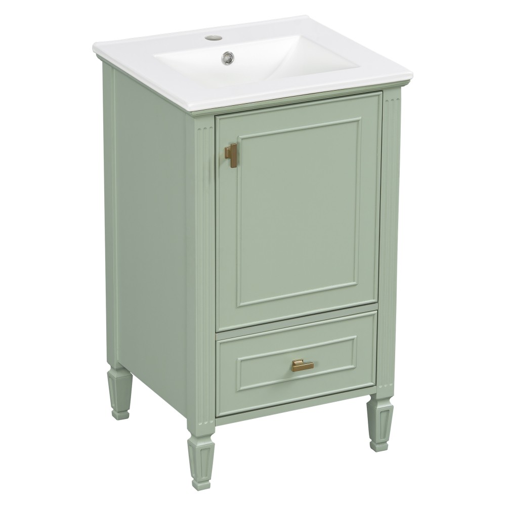 20″ Green Bathroom Vanity, Ceramic Sink, Solid Wood Legs, Soft-Close, Storage