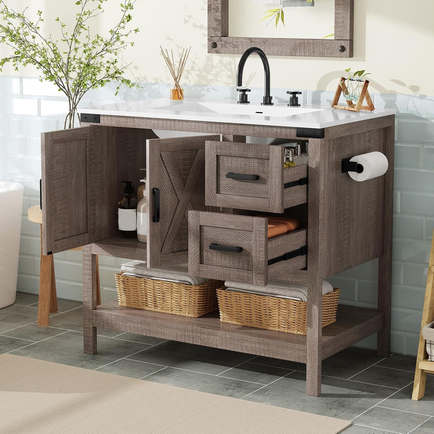 AMERLIFE 36″ Farmhouse Bathroom Vanity with Sink Combo, Wood Barn Door Freestand