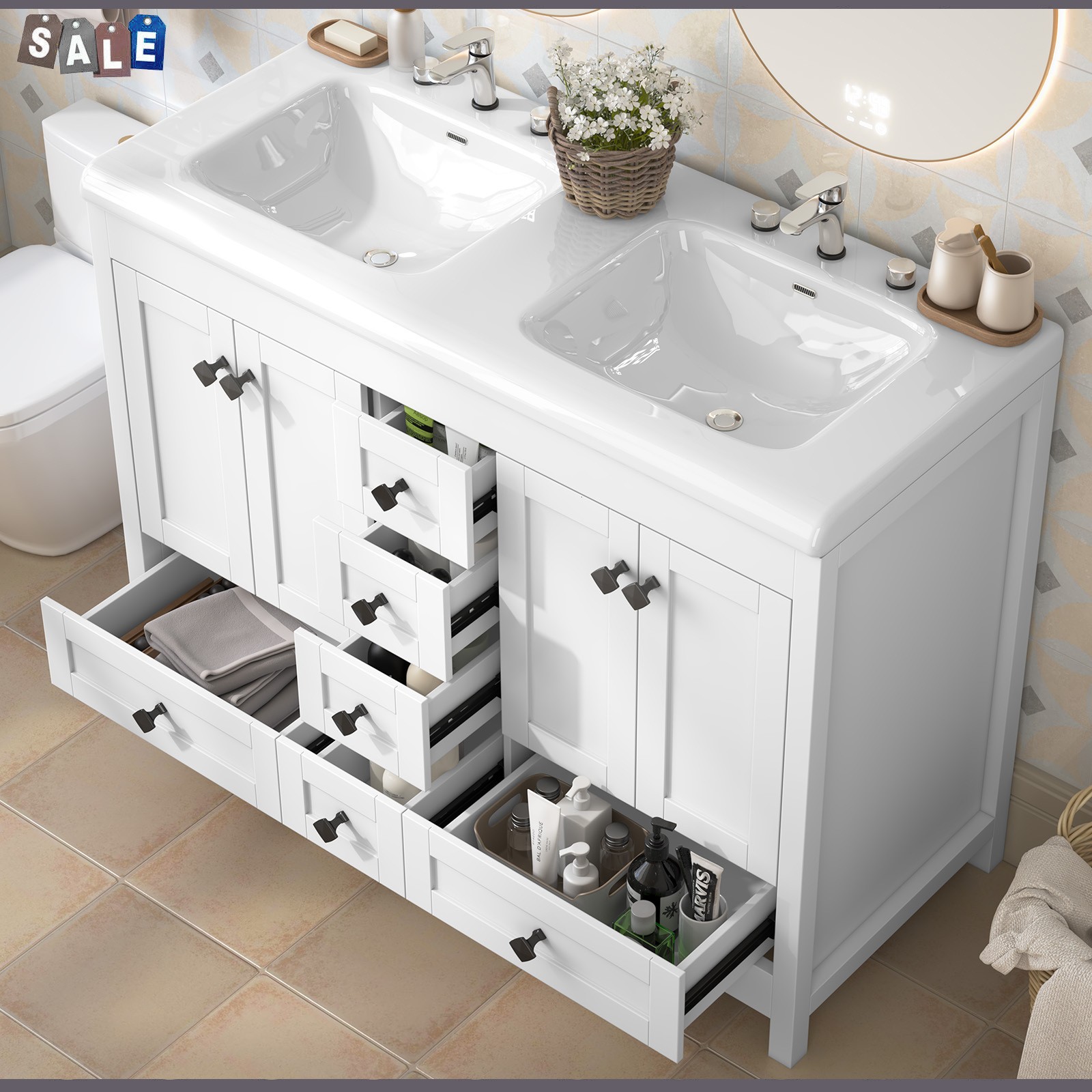 White Classic Bathroom Vanity Double Ceramic Sinks Freestanding With 5 Drawers