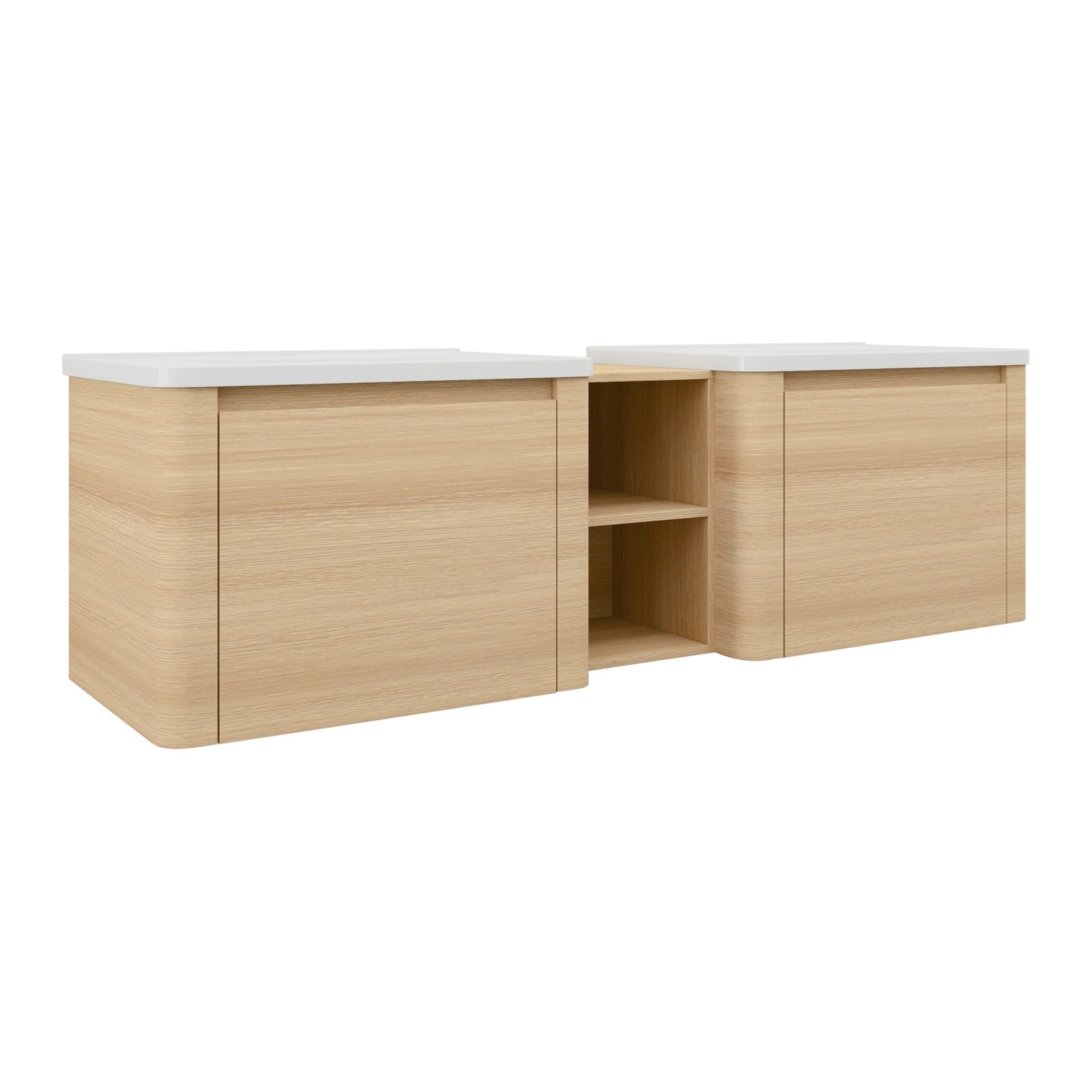 68in Plywood Wall-Mounted Bathroom Vanity W/ 2x White Ceramic Sink and Shelves