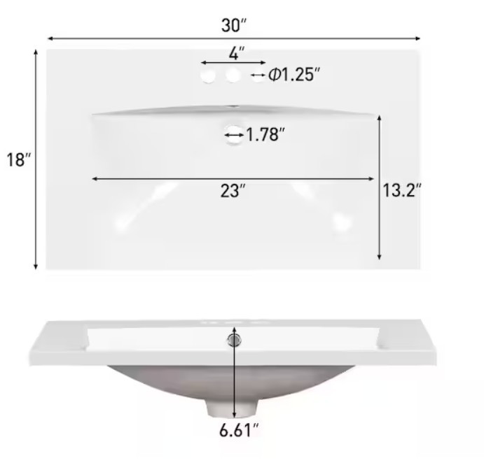30 in. W x 18 in. D Resin Single Bathroom Basin Sink, Vanity Top in White with 3
