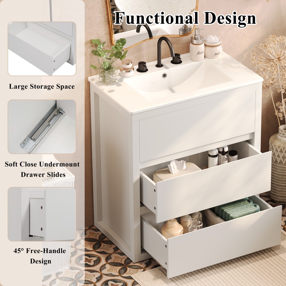30″ Bathroom Vanity w/Ceramic Sink & 2 Drawers Freestanding Bathroom Vanity