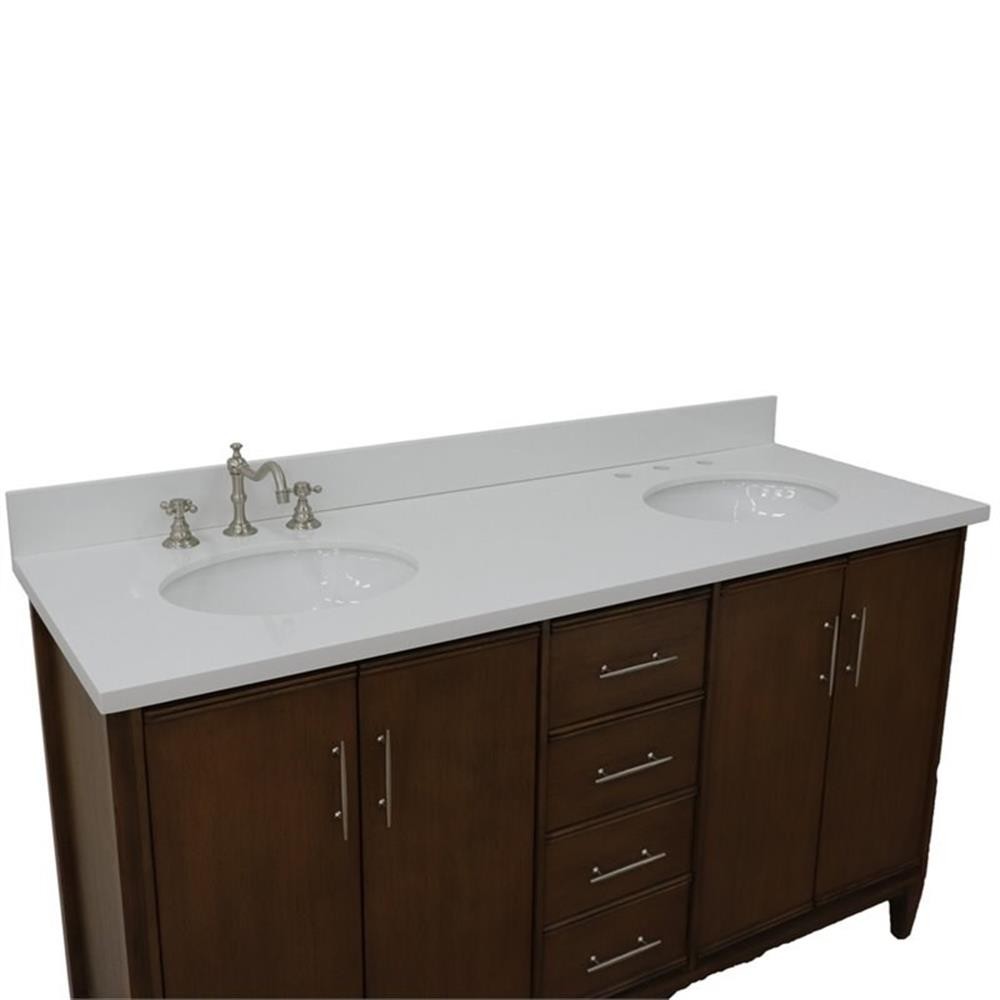 Pemberly Row 61″ Double Oval Sink Solid Wood Vanity in Walnut/White Quartz Stone