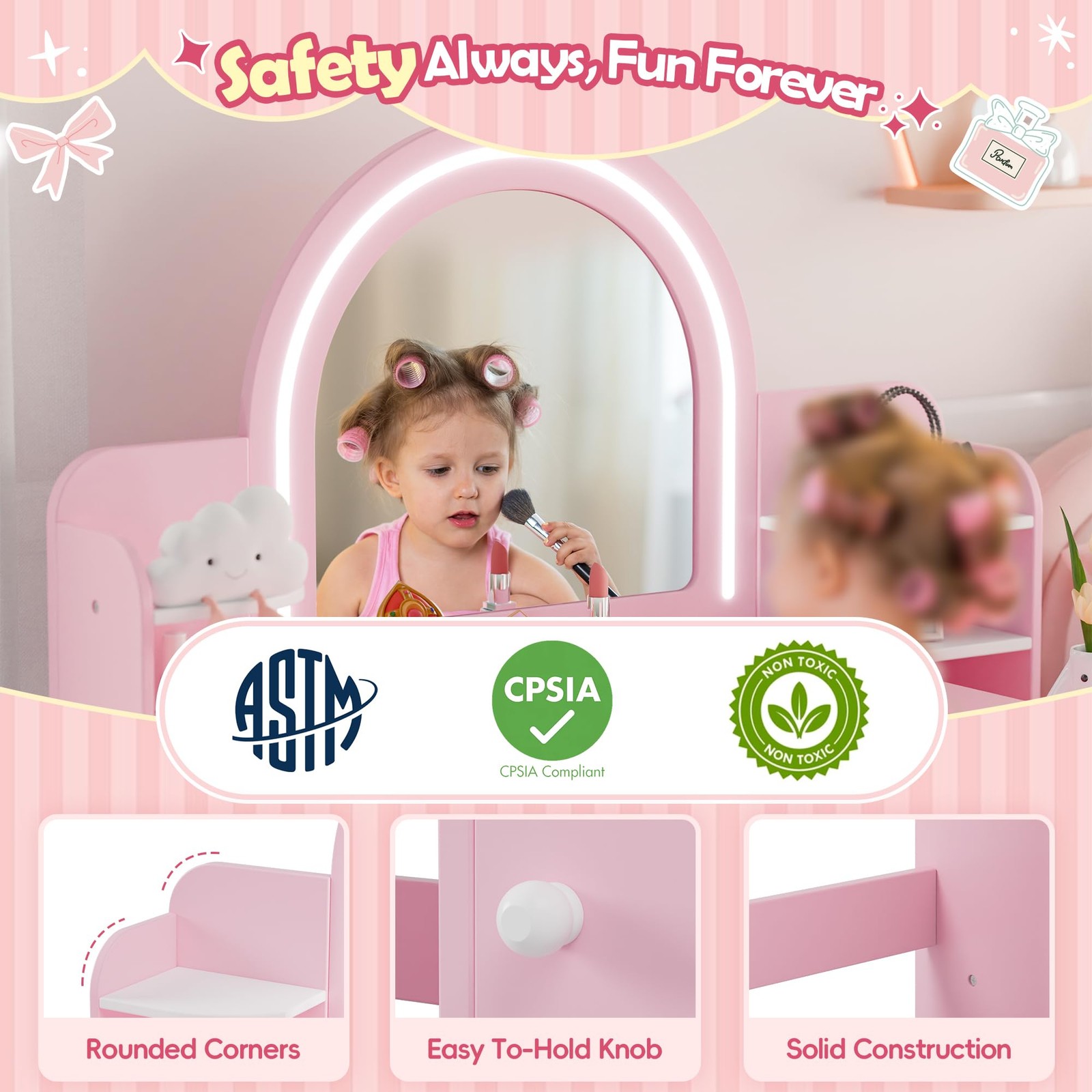 Kids Vanity Lights Princess Makeup Desk 2in1 Table Chair Set Lighted Mirror Pink
