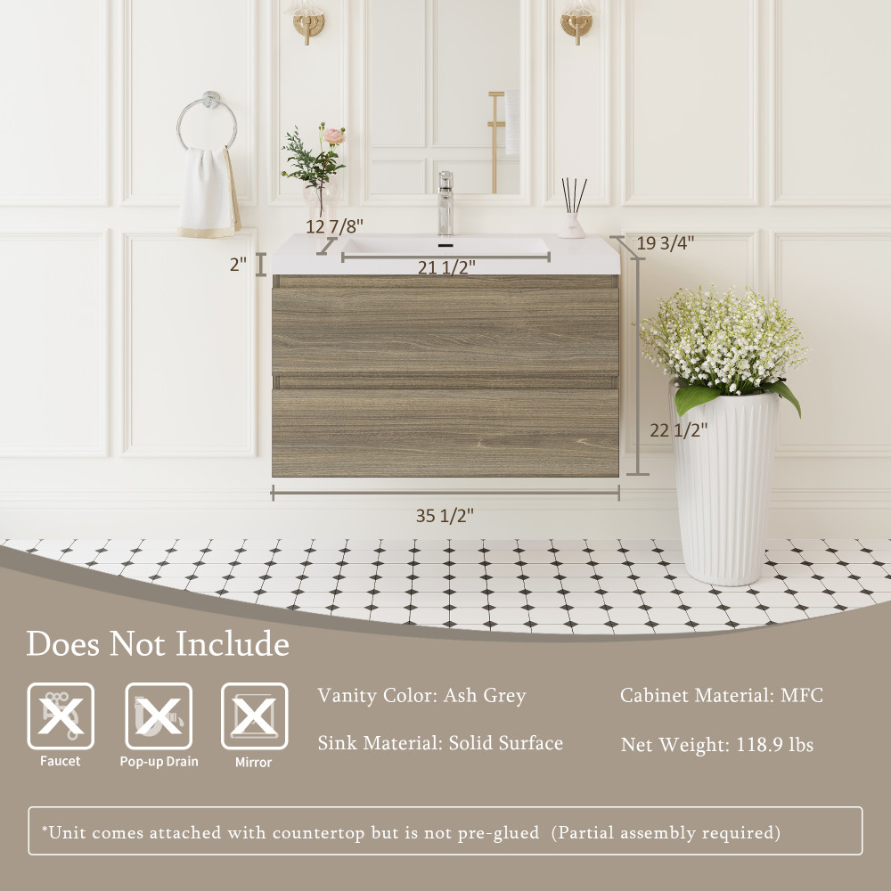 36-Inch Floating Bathroom Vanity Wall Mounted w/ Sink Storage Cabinet