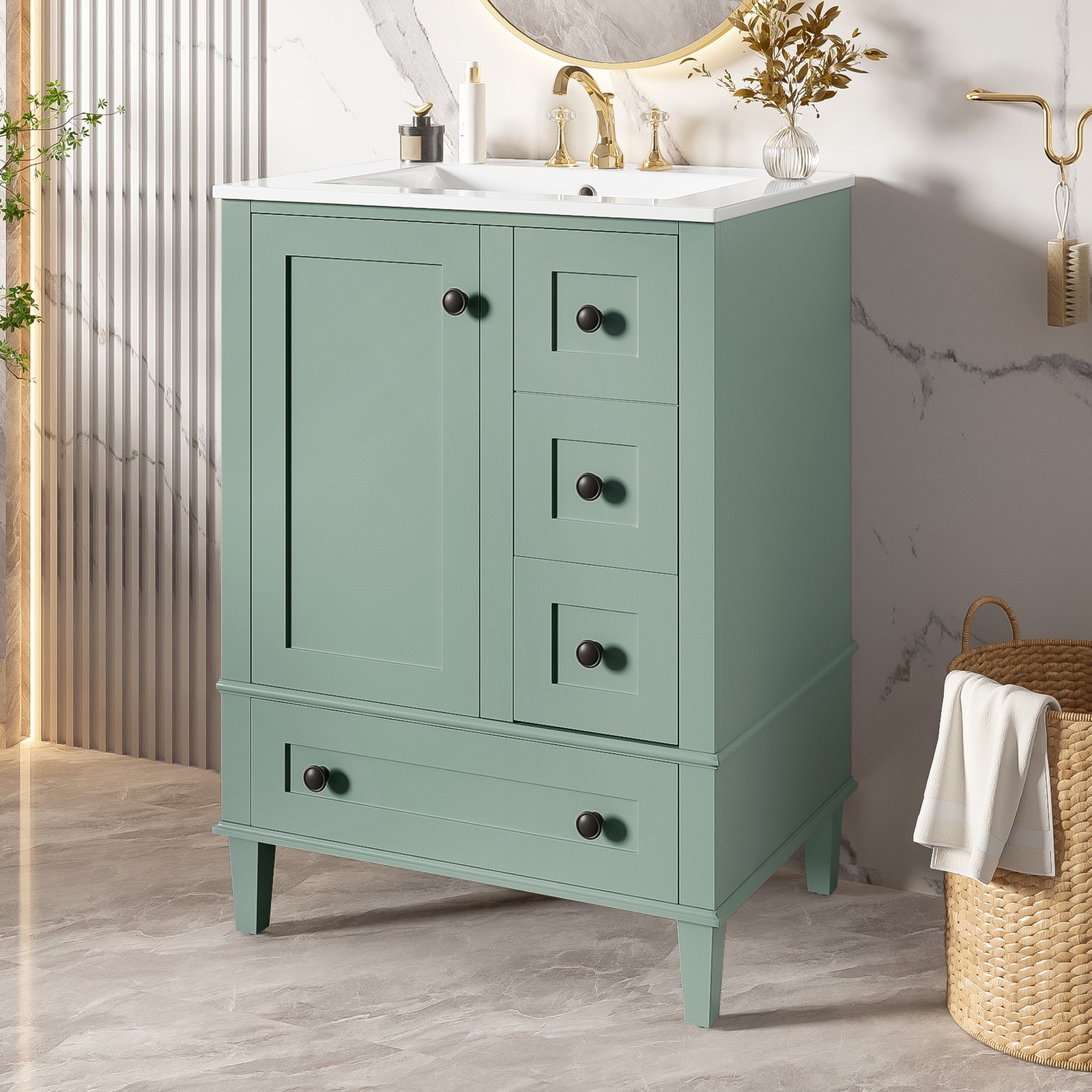 24″ Wood Bathroom Vanity Storage Cabinet with Ceramic Sink & Soft-Close Drawers