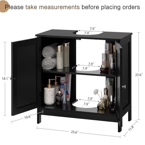 Pedestal Sink Storage Cabinet with 2 Doors and Shelf, Under Black Undersink
