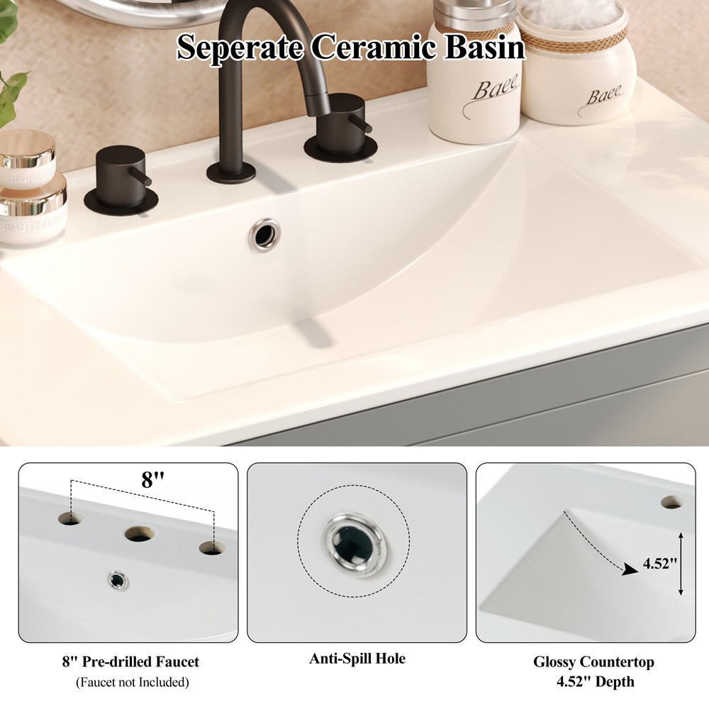 30″ Bathroom Vanity w/ Ceramic Sink, Freestanding Bath Vanity Cabinet, 2 Drawers