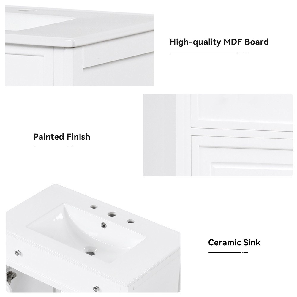 30 Inch White Bathroom Vanity with Ceramic Sink Top Solid Wood MDF Cabinet