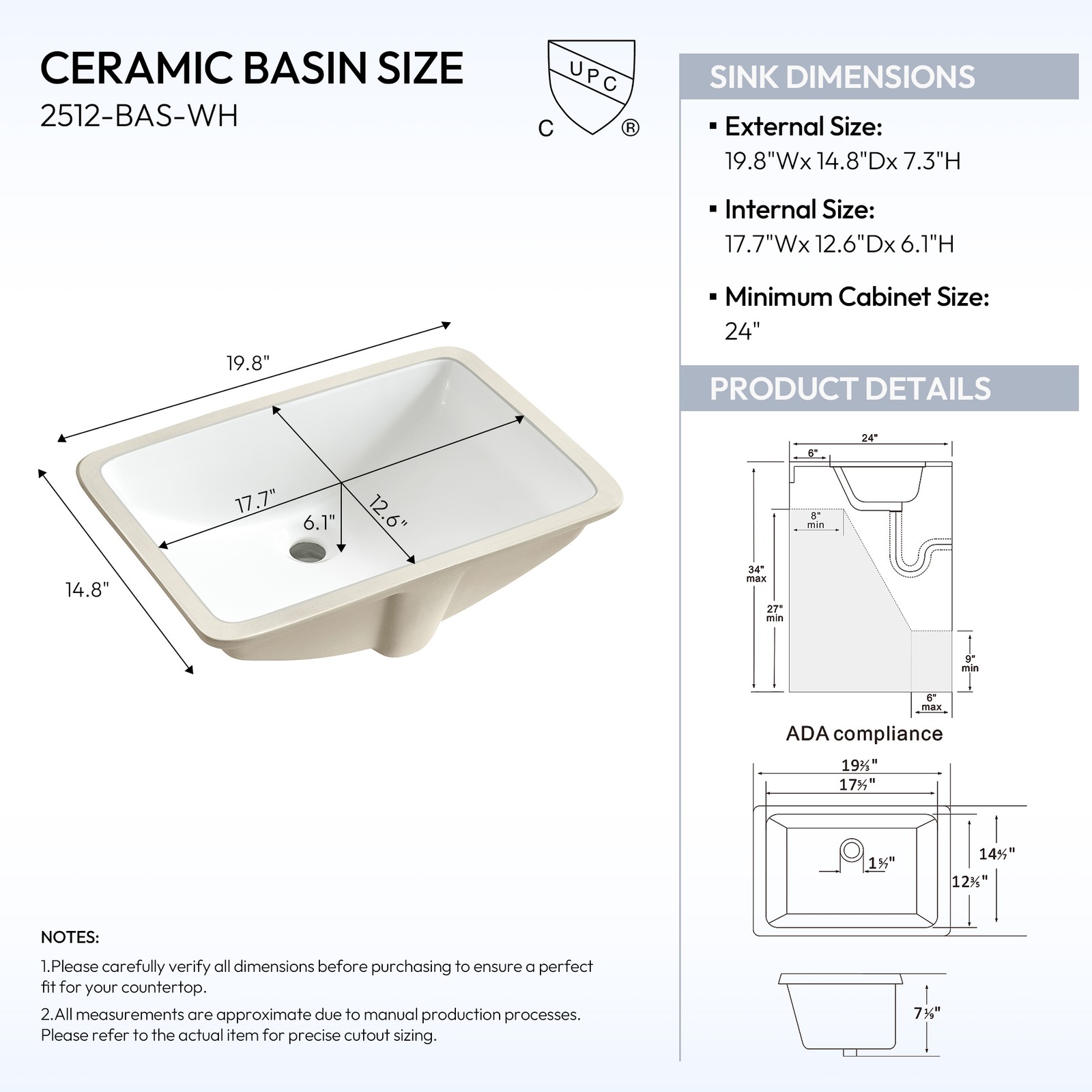 Zevio 25″W x 22″D Natural Marble Vanity Top in Carrara White with Ceramic Sink