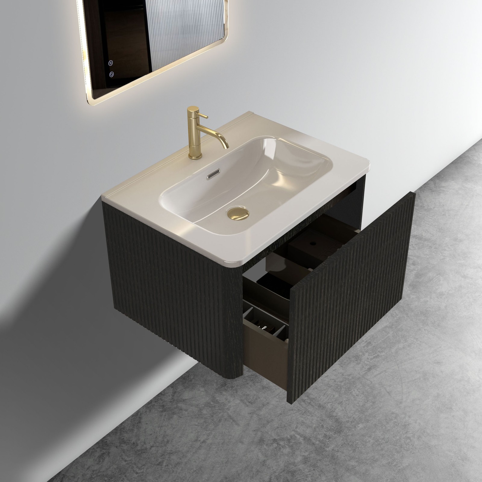 Etna 24 Inch Black Oak Floating Bathroom Vanity with White Ceramic Sink