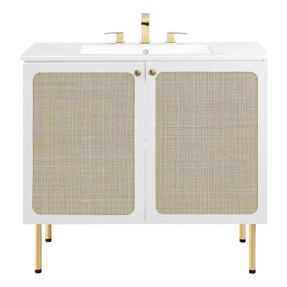 Modway Chaucer 36″ Wood & Rattan Bathroom Vanity with Adjustable Shelf in White