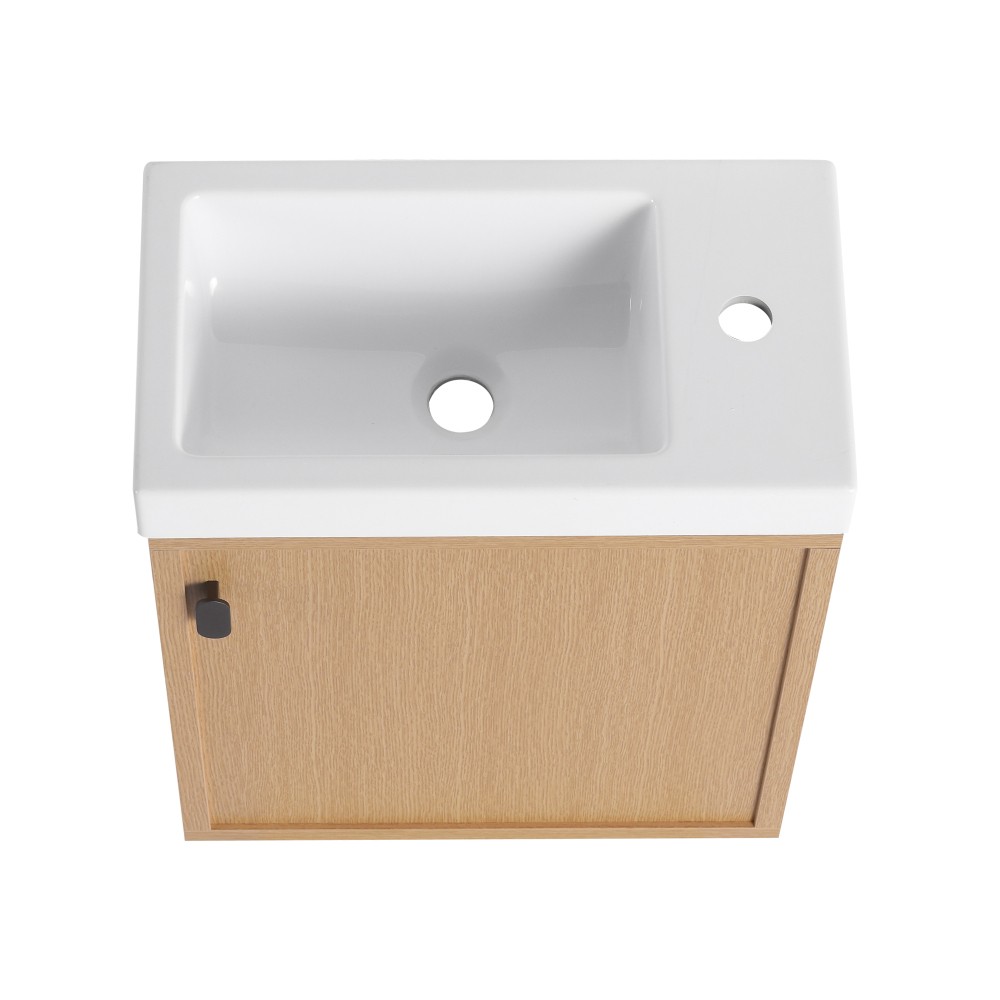 18.5-inch wall-mounted bathroom vanity overhangs to save space
