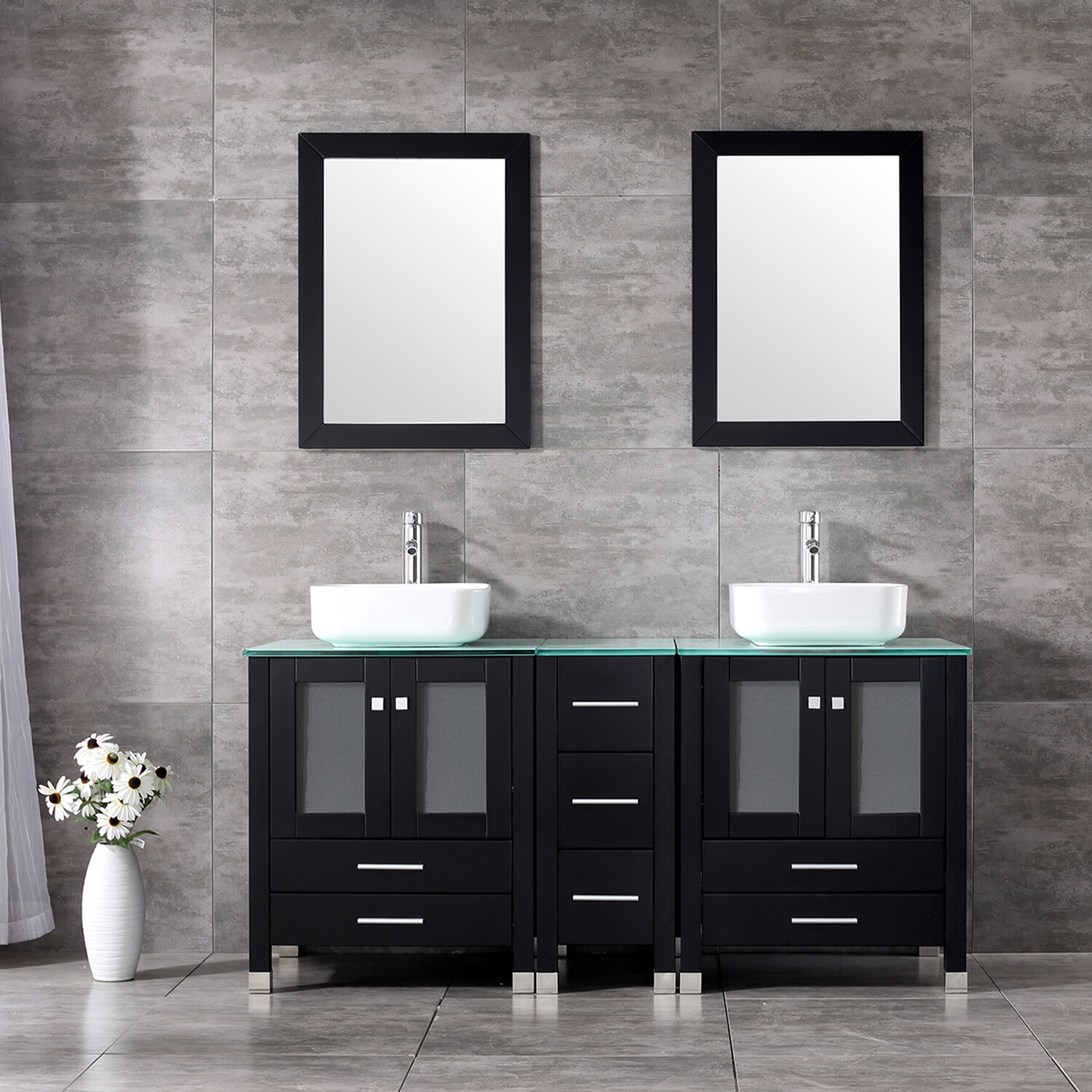 Bathroom Vanity 60″ Cabinet Double Sink Ceramic Vessel Combo w/Mirror Faucet Set
