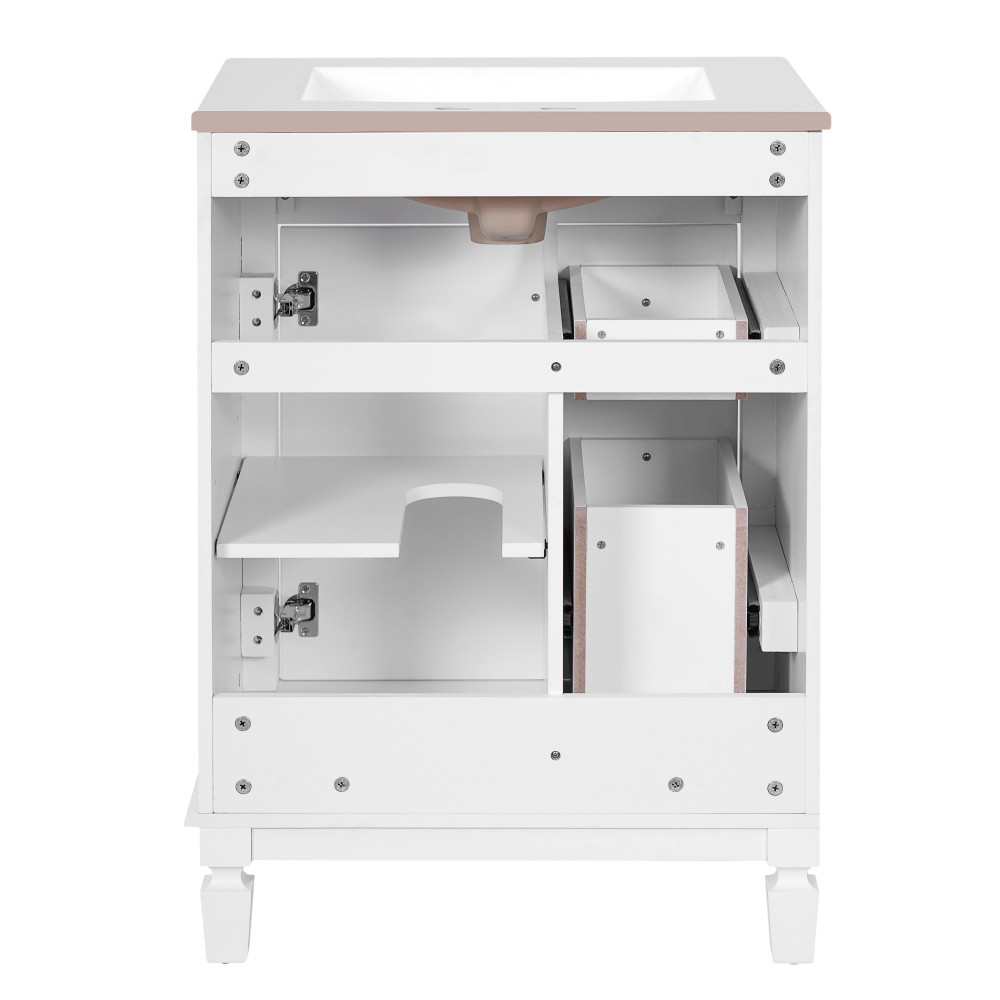 Bathroom vanity W ceramic sink Features two drawers Includes adjustable shelves